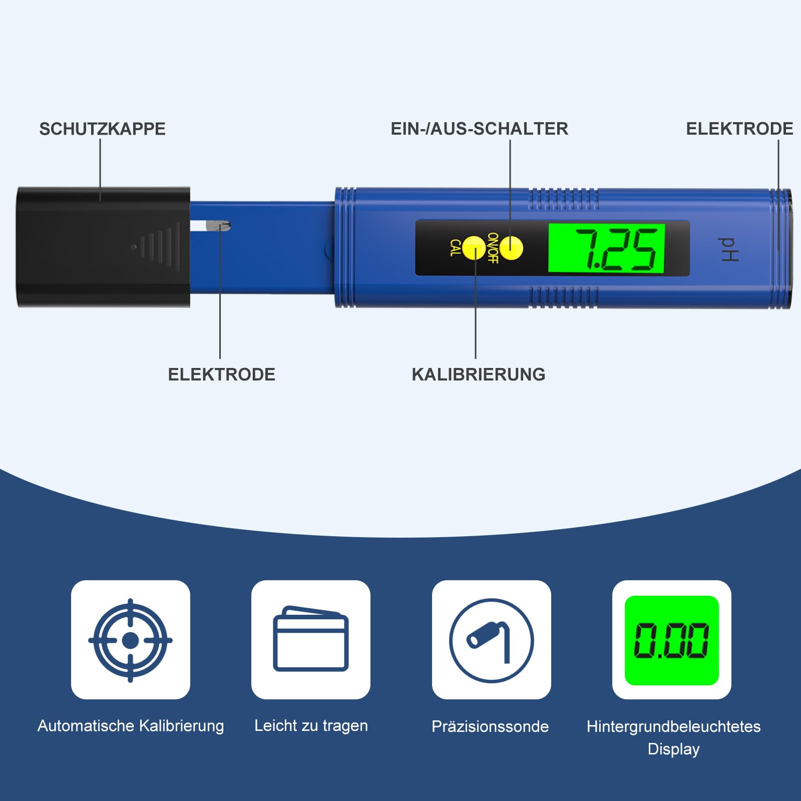 Misuratore di pH portatile, ad alta precisione, con retroilluminazione, penna per test del pH, tester della qualità dell'acqua della piscina - 4