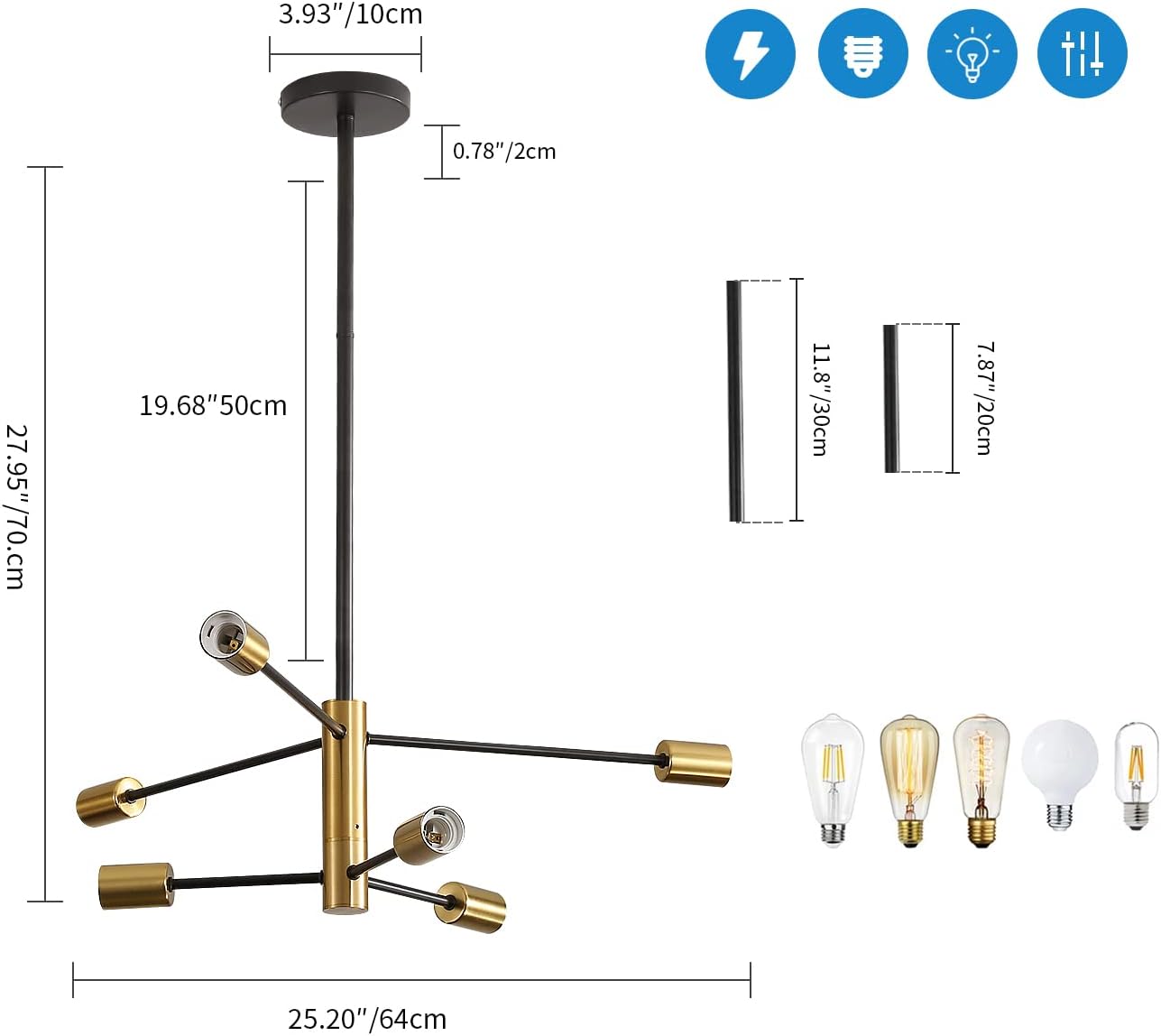 Lámpara de techo moderna,ángulo ajustable de 180°,6 luces,E27,lámpara de techo industrial vintage de metal negro,lámpara colgante retro para sala - 5