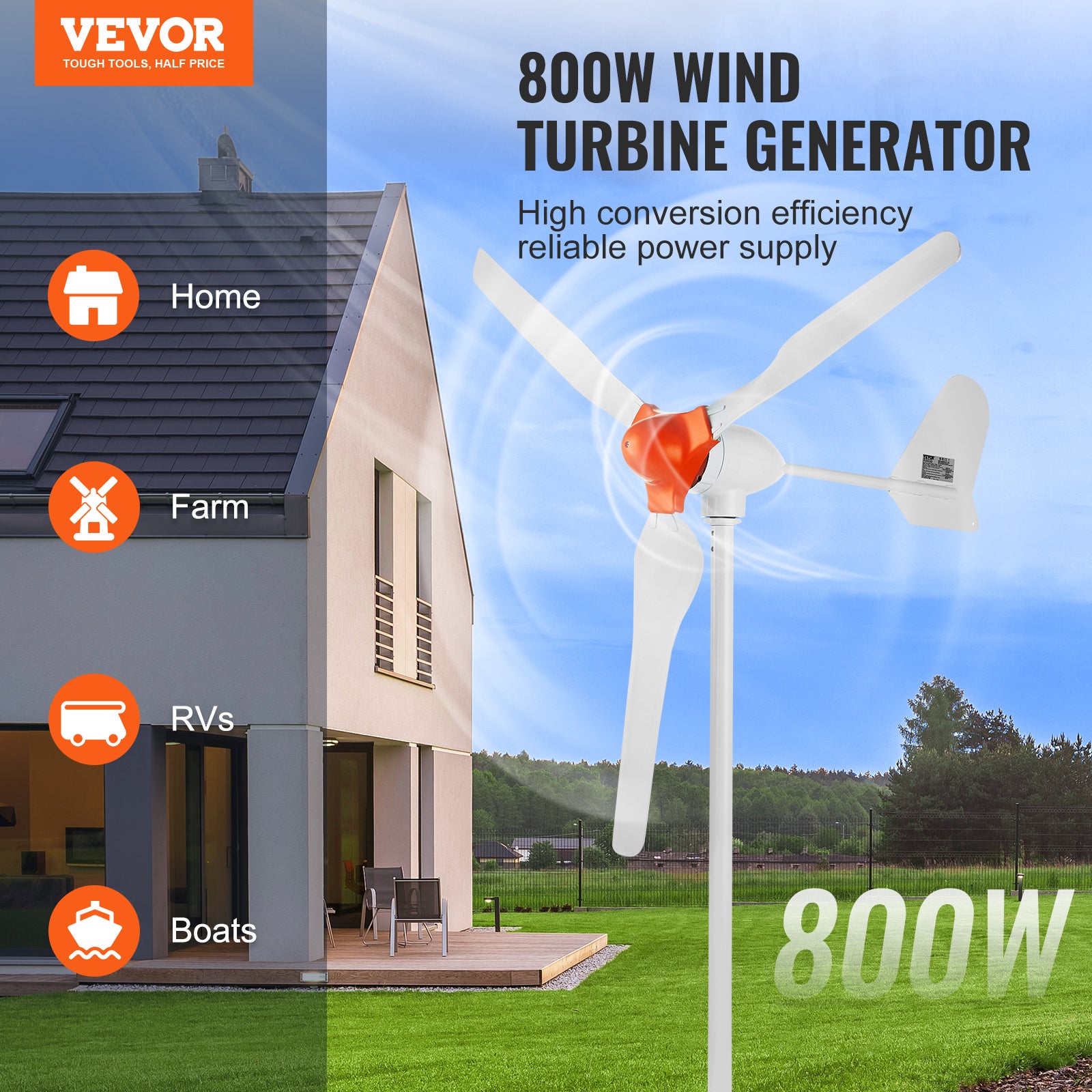 Générateur d'éolienne 800 W, kit d'éolienne 12 V, générateur d'énergie éolienne à 3 pales contrôleur MPPT, direction du vent réglable et vitesse VEVOR - 2