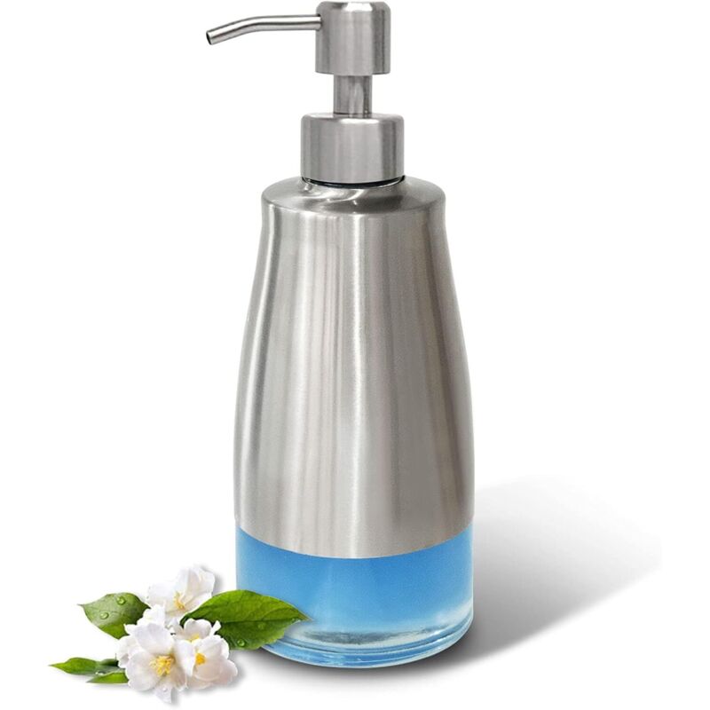 Dozator de săpun din sticlă și oțel inoxidabil, cu etichete, reîncărcabil, pentru bucătărie, baie, birou, hotel (300 ml)