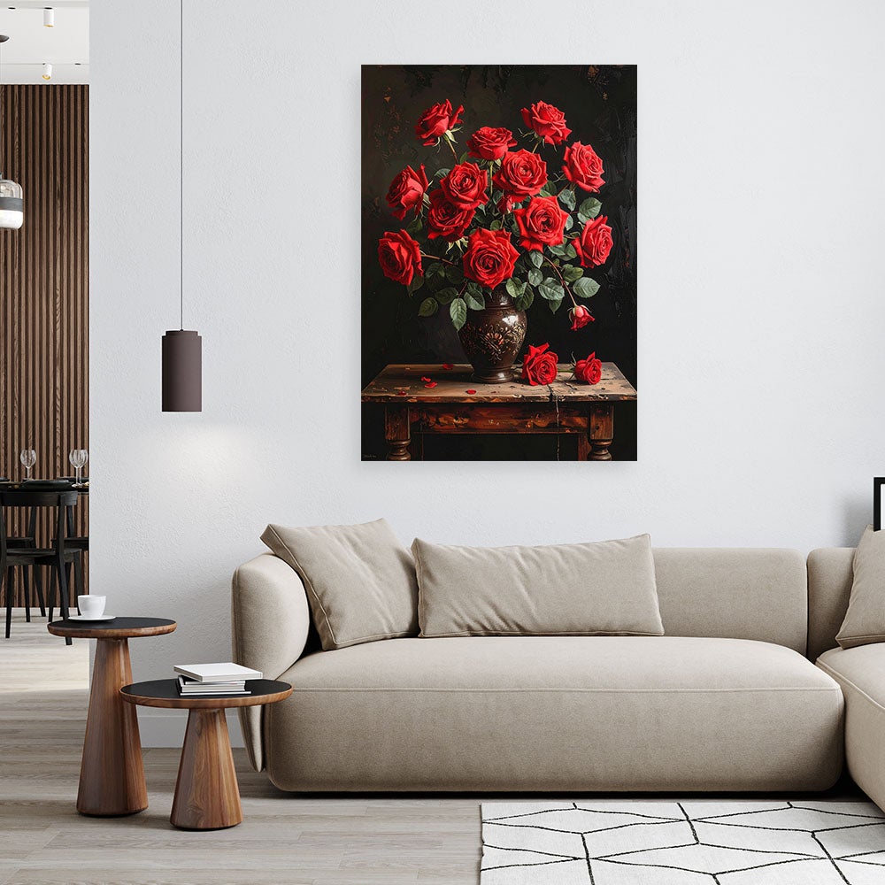 Obraz pionowy do salonu sypialni biura, Czerwone róże w wazonie 40x60 - 2