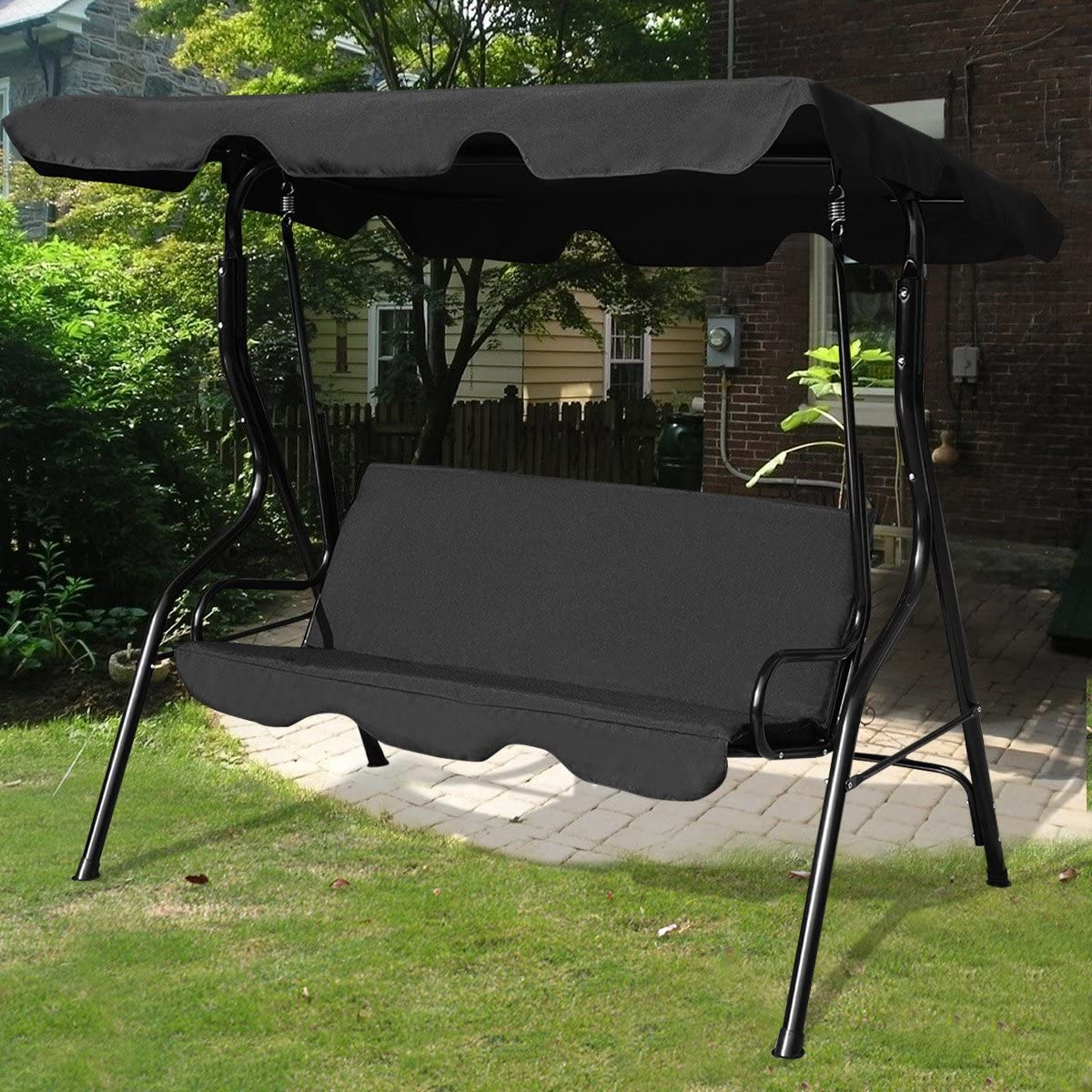 Baloiço de jardim de 3 lugares com teto impermeável 170 x 110 x 153 cm (preto) - 5