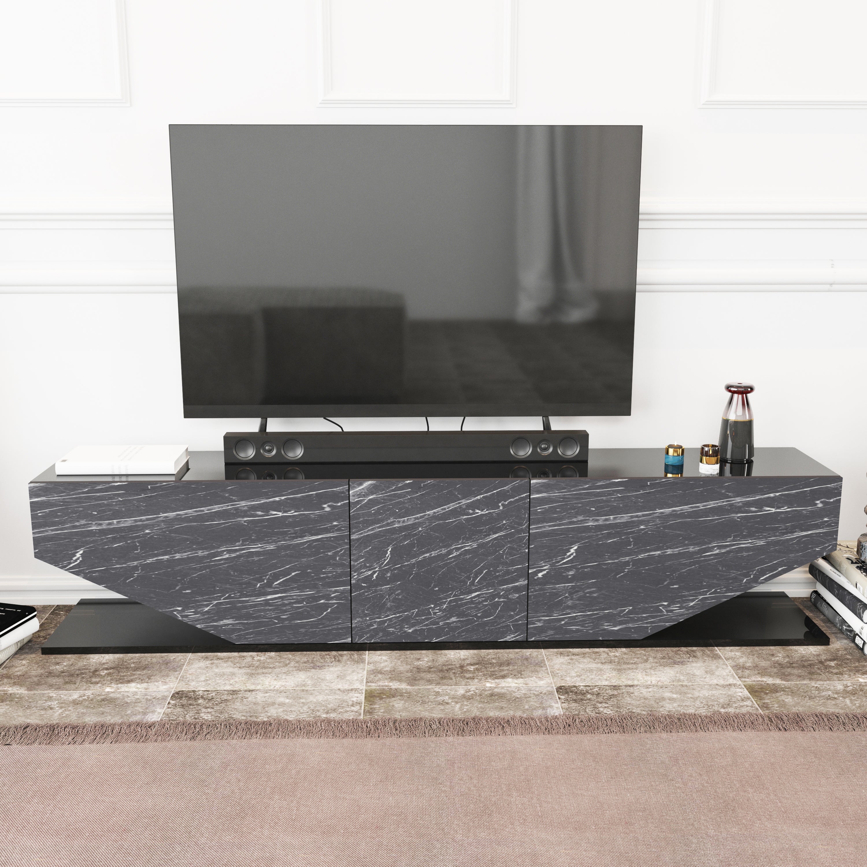 Meuble TV Pearl de 180 cm avec des armoires en style ailes (effet marbre noir) - 2