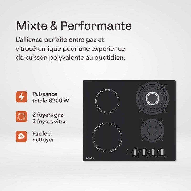 BELDEKO Plaque de cuisson mixte gaz et vitrocéramique 4 foyers - Double couronne - 8200 W - Manettes - 2