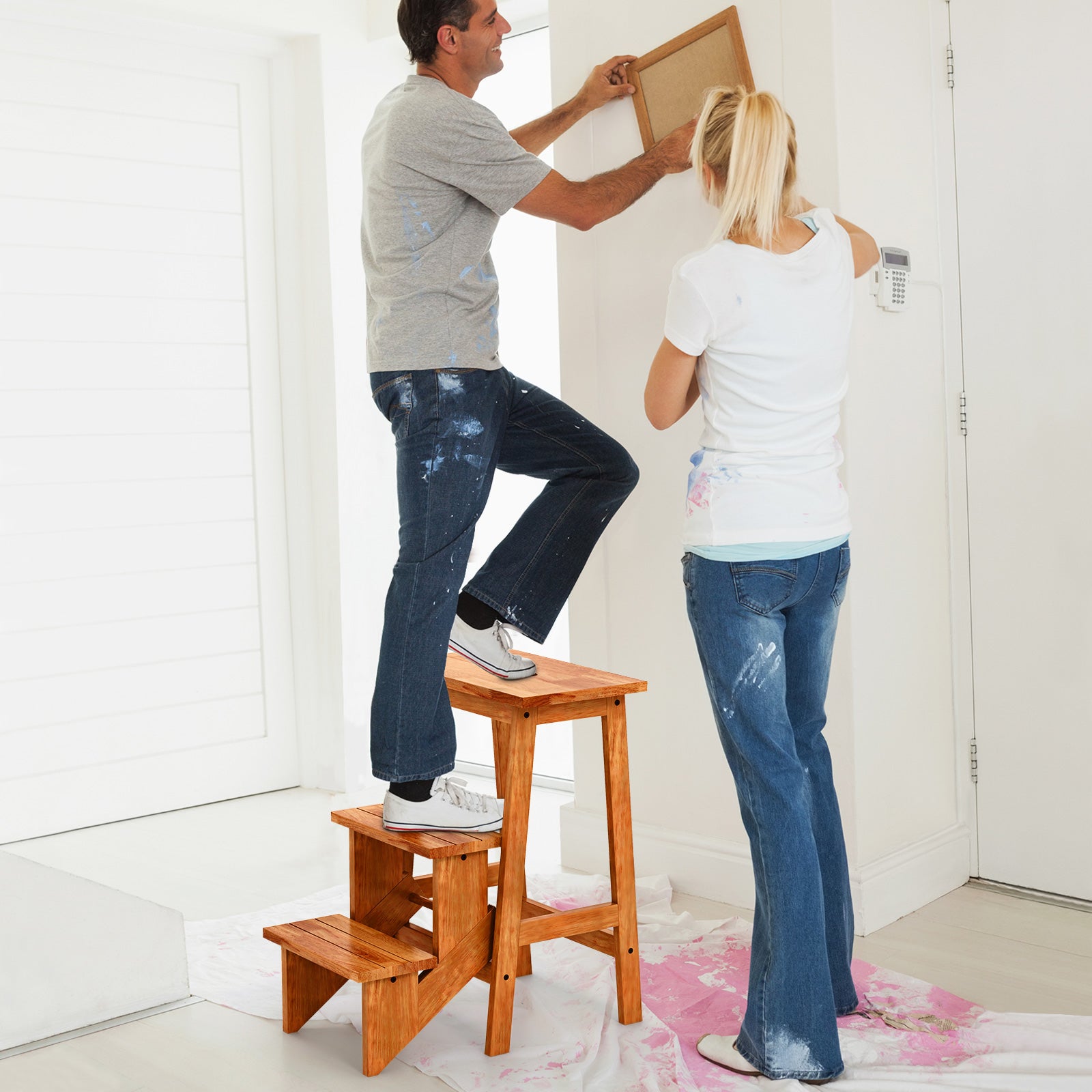 Escabeau à 3 Marches Pliable, Marche Pied en Bois d'Hévéa, 3 en 1 Tabouret Pliante avec Poignée, Patins Antidérapant,Charge 270 kg, Chêne Foncé - 7