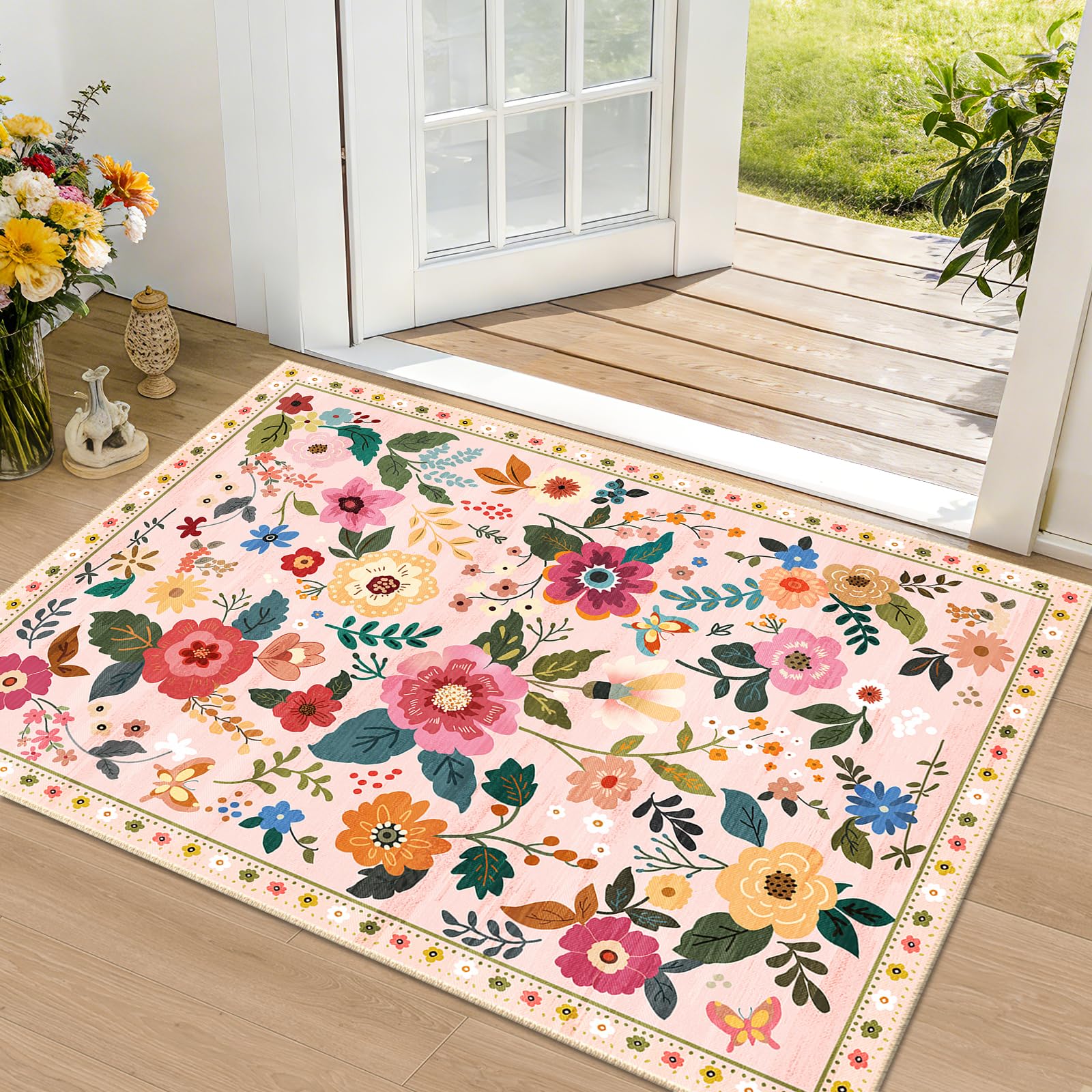 Artoid Mode Rose Hello Sunshine Paillasson décoratif d'été, saisonnier de printemps, vacances, tapis de sol discret pour intérieur et extérieur, 43,2 x 73,2 cm