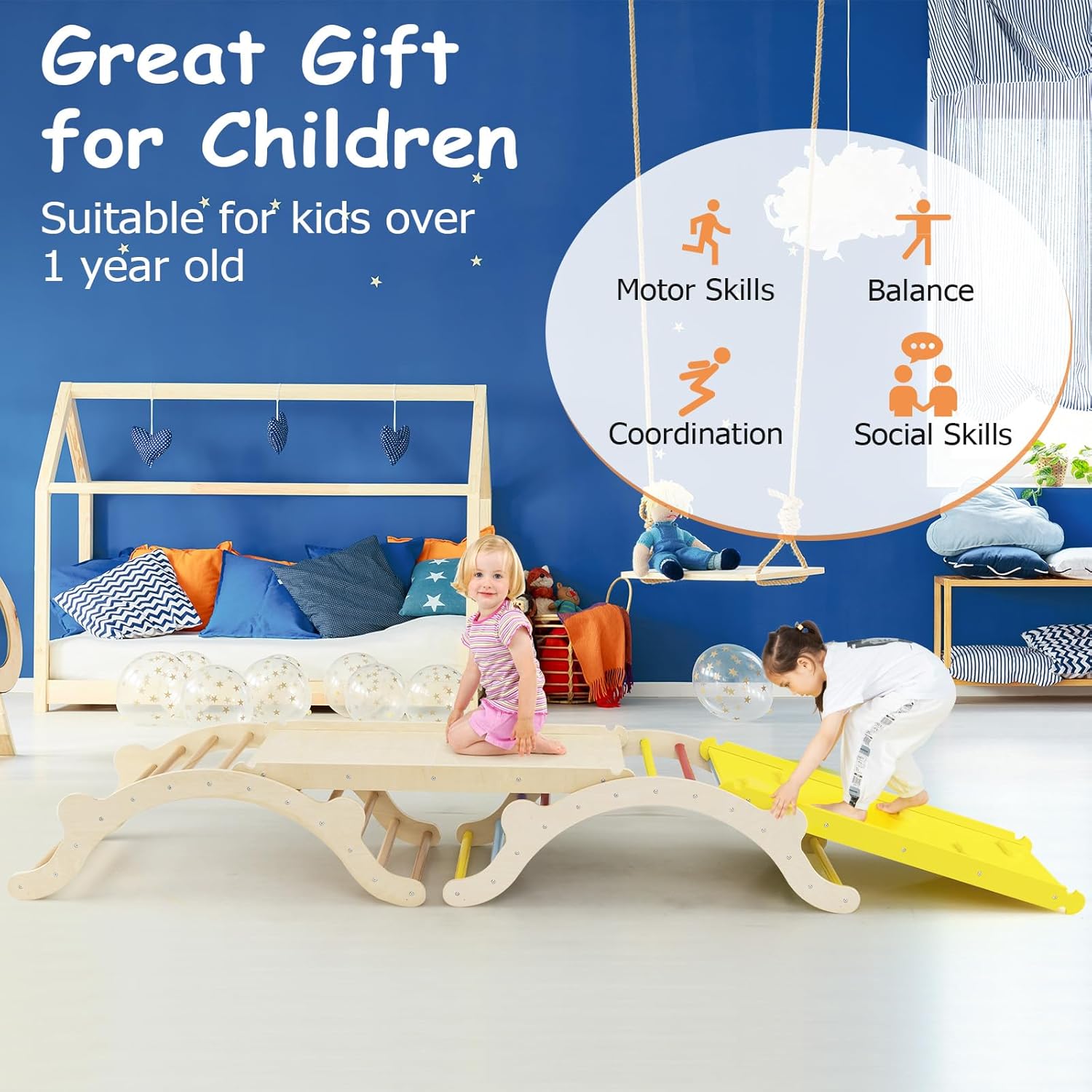 4 en 1 Arche d’Escalade Montessori Enfant Bois avec Toboggan Ajustable en Bois, avec Coussin Charge 60KG pour Bébé 1 an+ (Naturel Plus) - 5