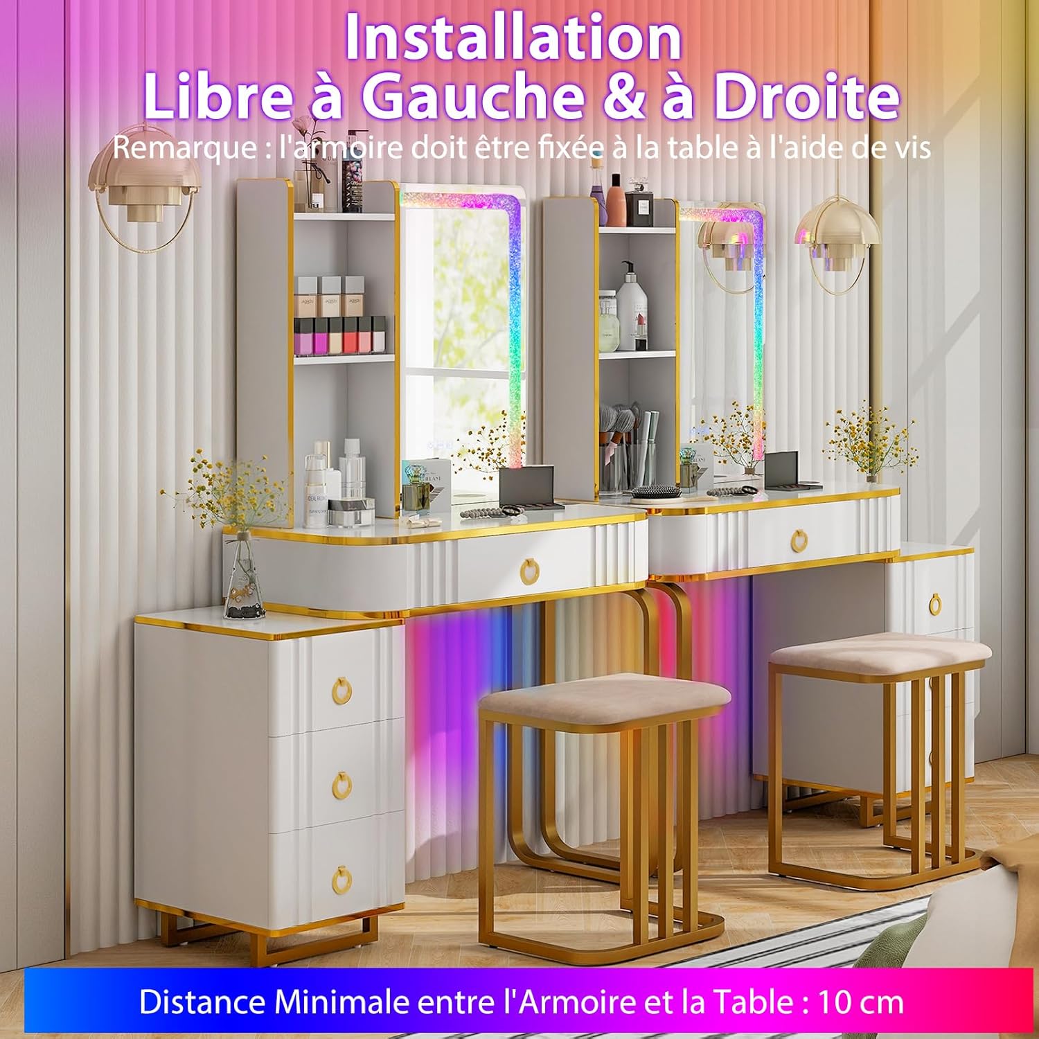 Toeletta da Trucco con Specchio e Luci, Tavolo da Trucco con Sgabello, Porta 7 Luci LED Dinamiche e 7 Luci Statiche Dimmerabili, Porte USB e 4 - 4