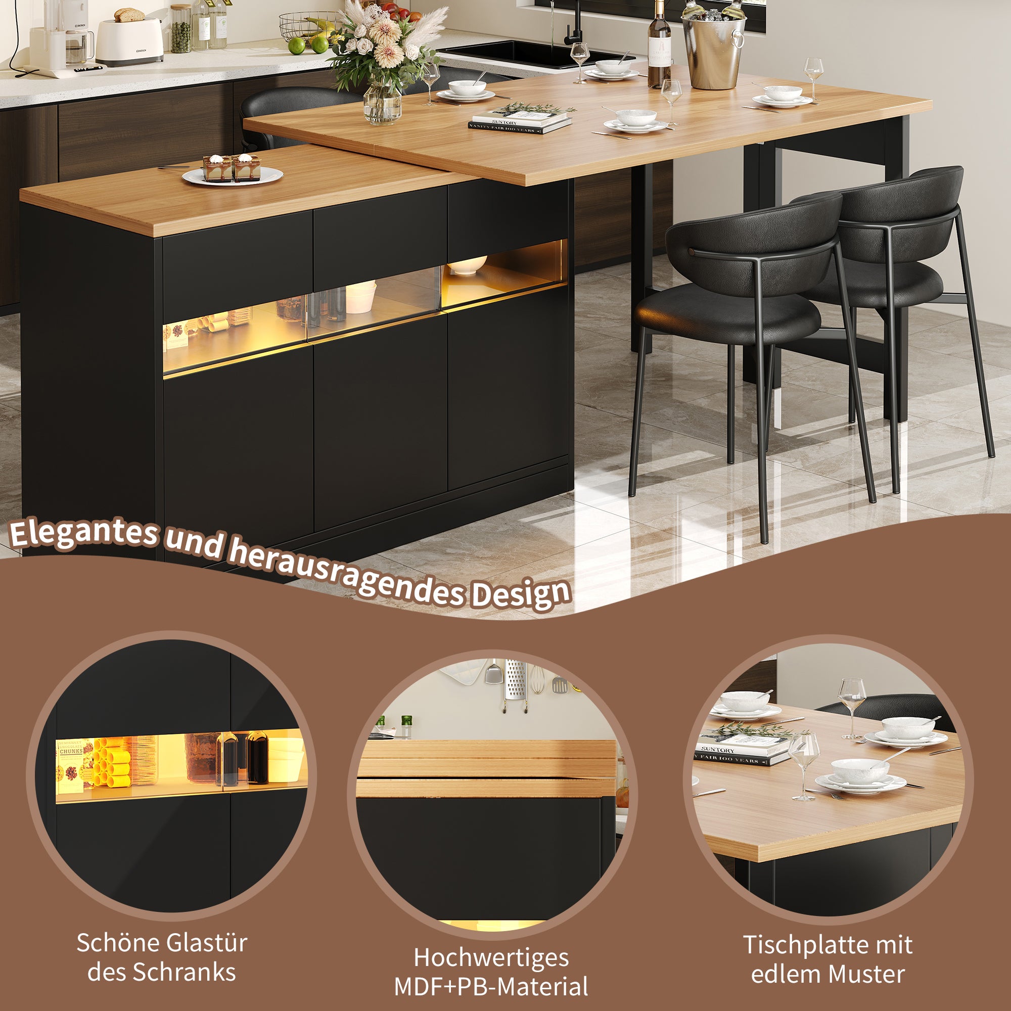 Rozkładany stół jadalny z 3 drzwiami, wyspa kuchenna - 120-180 x 40 x 71,5 cm - diody LED - czarny + naturalny - 6