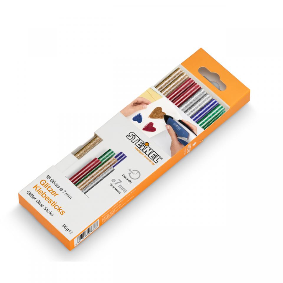 Steinel Glitzer Klebesticks Ø 7 mm 16 Bastoncini, 96 g, 150 mm di Lunghezza, Colla Colorata a Caldo, in 5 Colori Diversi, Glitter, Ø 7 mm-16 Stück,