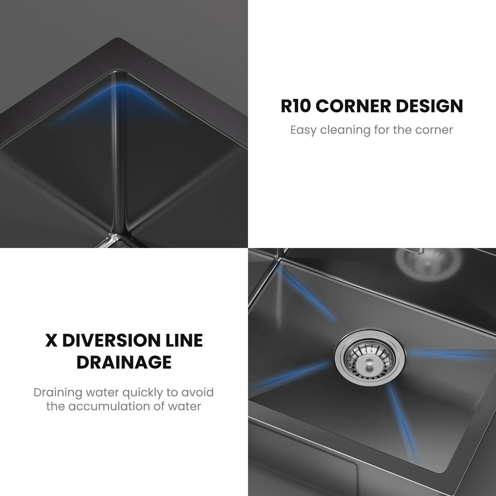 Évier de Cuisine 1 Bac 50x44x19CM, Noir Évier Inox avec Siphon et Trop Plein Évier Montage à Encastrer/ Sous-Plan (Distributeur de savon non inclus) - 7