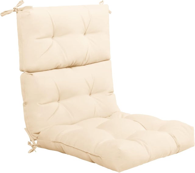 Coussin de Chaise à Dossier Haut avec Sangles en Corde Antidérapantes, Coussin Extérieur Patio Polyester Imperméable Chaise Longue Fauteuil(Beige)