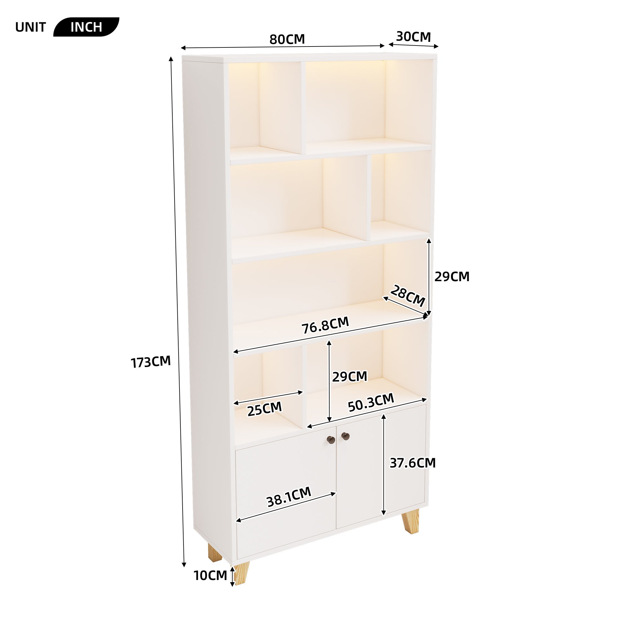 Librería con 2 puertas y compartimentos - 80 x 30 x 173 cm - LEDs - Patas de MDF y madera maciza - Blanco - 5