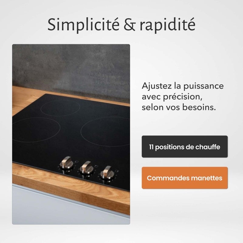 Plaque de Cuisson Vitrocéramique 3 Foyers - 5200W - Commandes par Manettes - Boutons Encastrable Contrôle Mécanique Facile - 3