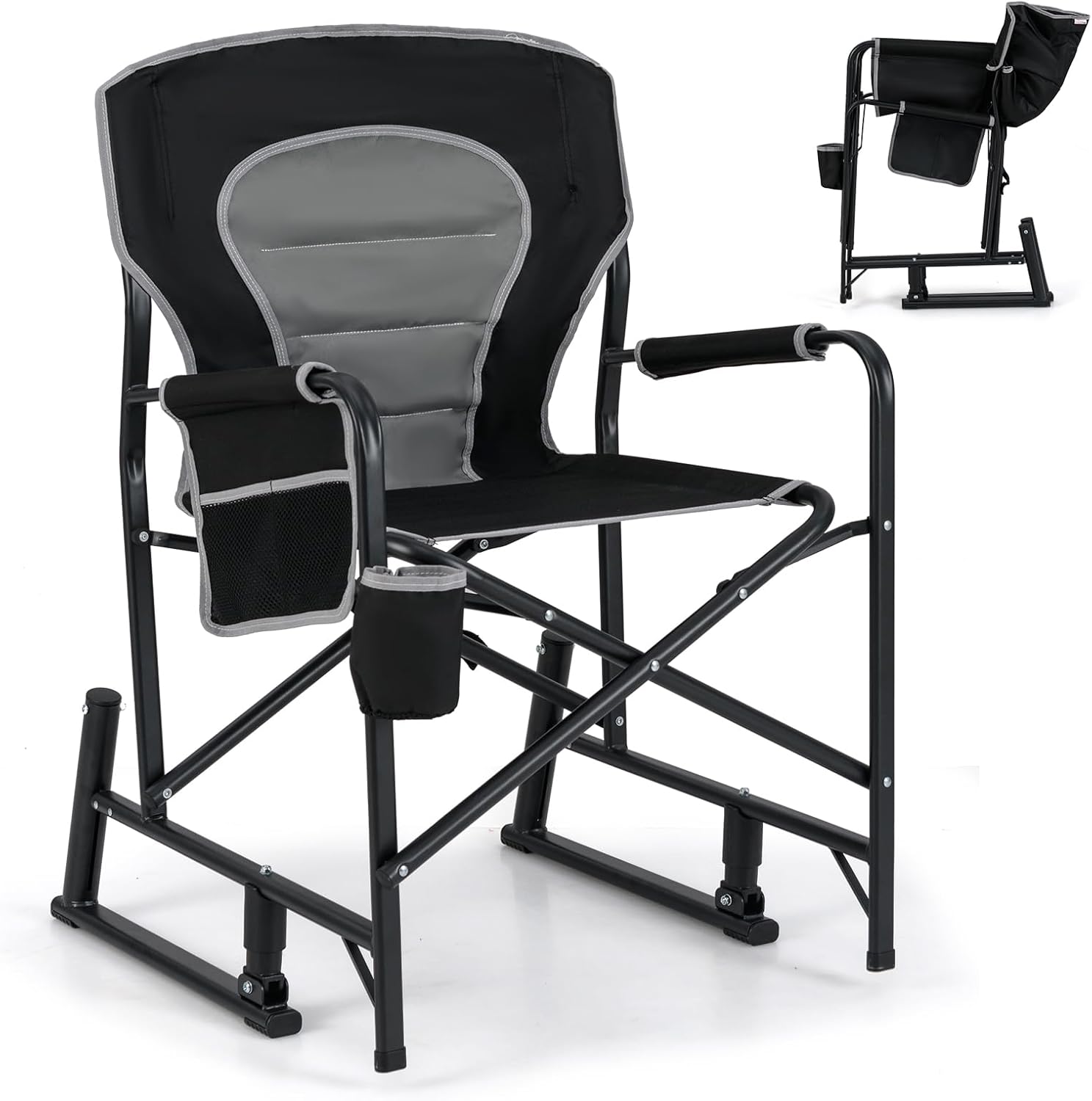 Składany Fotel Bujany, Fotel Bujany Ogrodowy z Podwójną Sprężyną do Bujania, Wyściełanym Oparciem, Uchwytem na Kubek i Kieszenią do Przechowywania