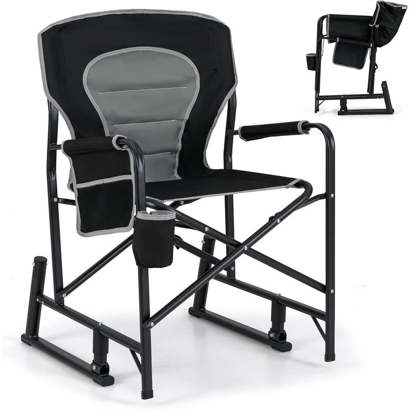 Składany Fotel Bujany, Fotel Bujany Ogrodowy z Podwójną Sprężyną do Bujania, Wyściełanym Oparciem, Uchwytem na Kubek i Kieszenią do Przechowywania