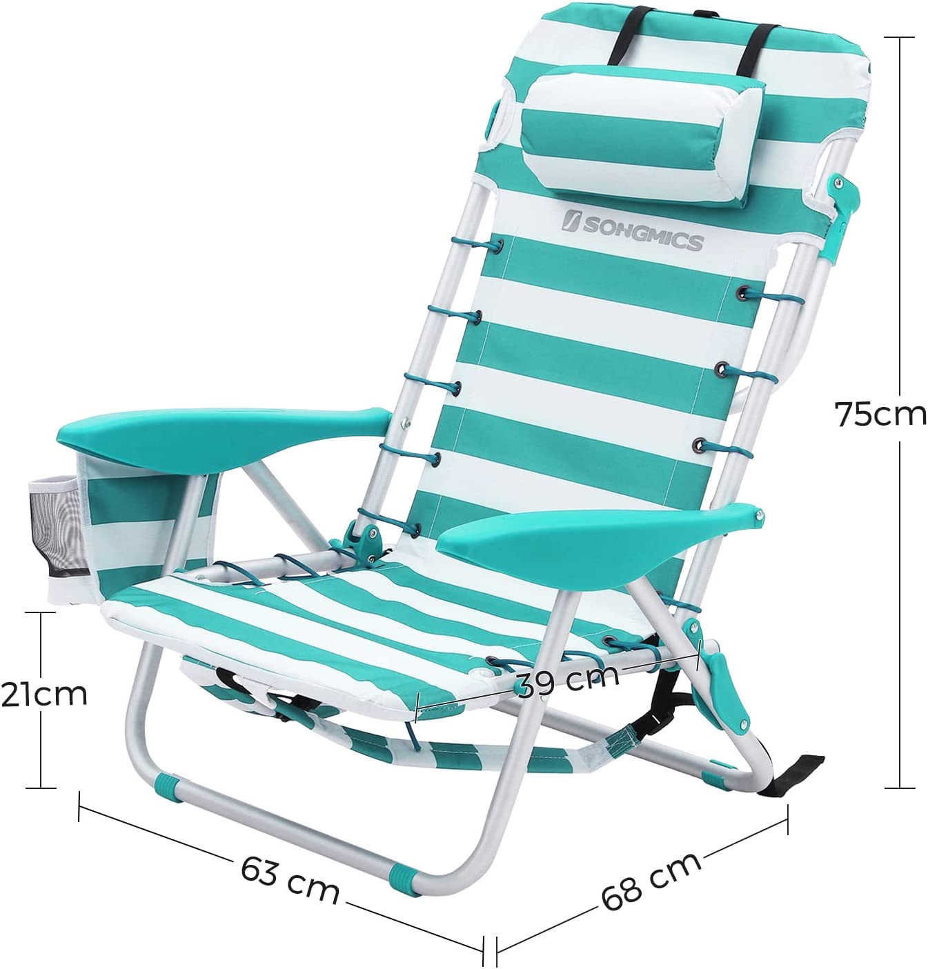 Chaise de Plage Portable, Lot de 2,Pliable, Dossier Inclinable jusqu'à 180°, Rayures Vertes et Blanches - 5