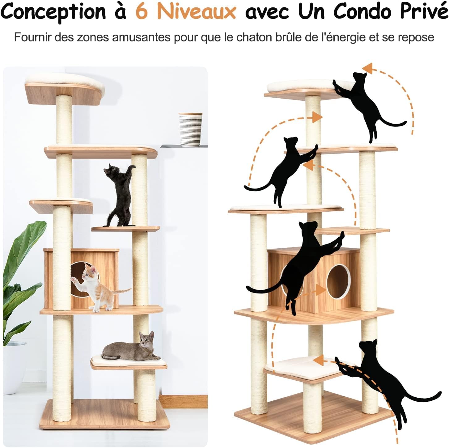 Árbol para Gatos de Madera de XXL 175 CM, Torre para Gatos de 6 Niveles con Poste Rascador de Sisal, Diseño Antivuelco, Cojines Cómodos, 59×49×140CM - 5