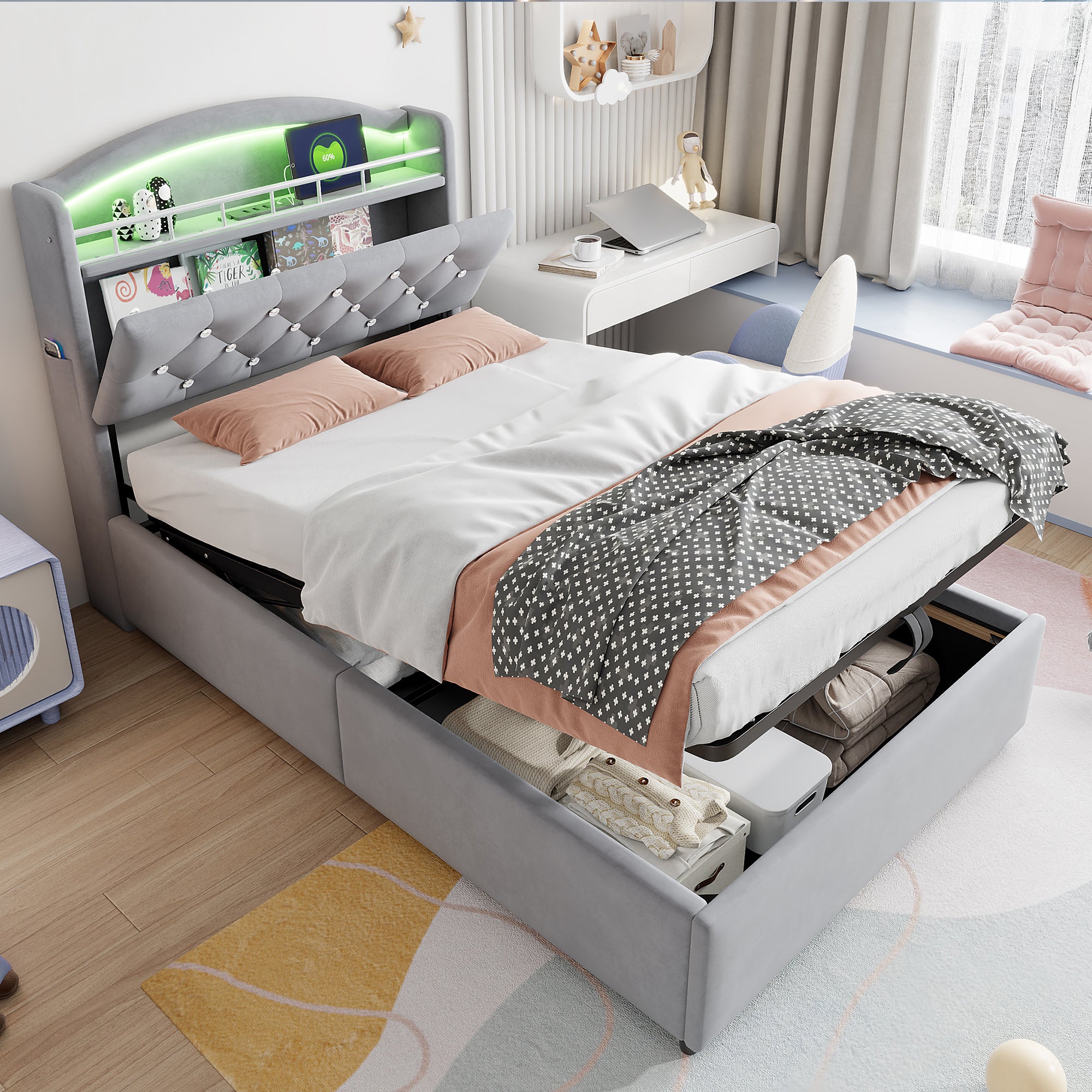 Kinderbett 90x200 z LED i USB, Samtowe Multifunktionsbett z Przedziemiem, Szare