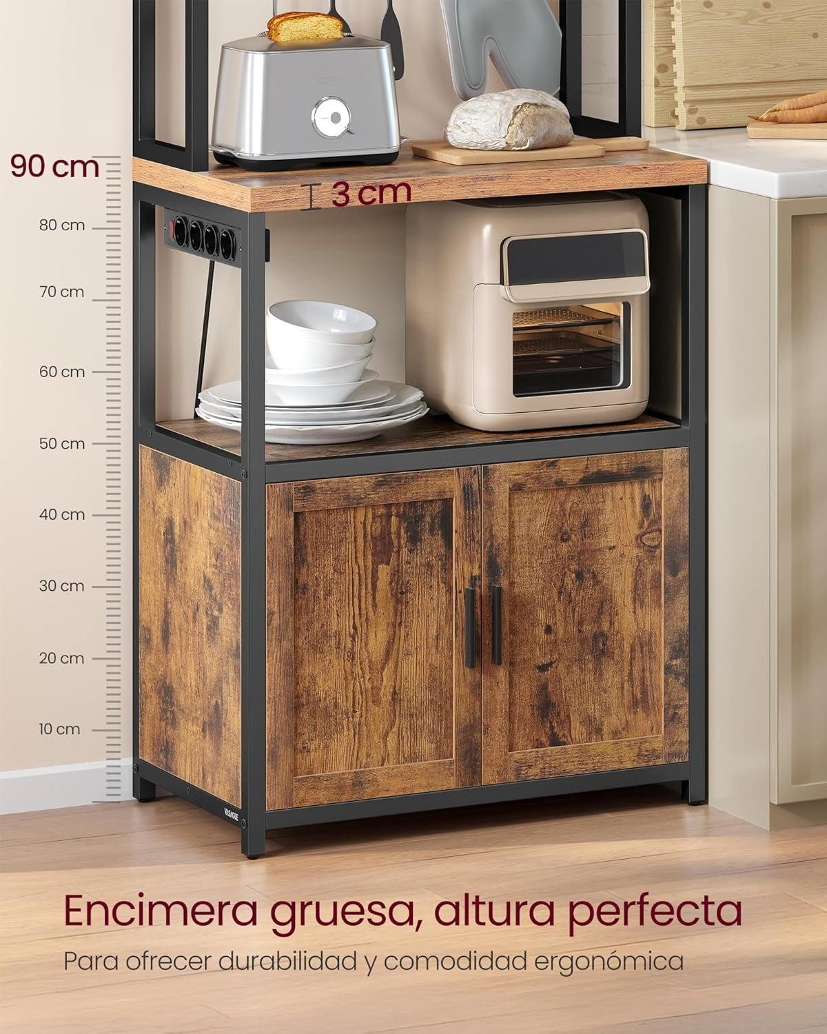 Mueble auxiliar de cocina con enchufes, estantería para microondas con ganchos, estilo industrial - 4