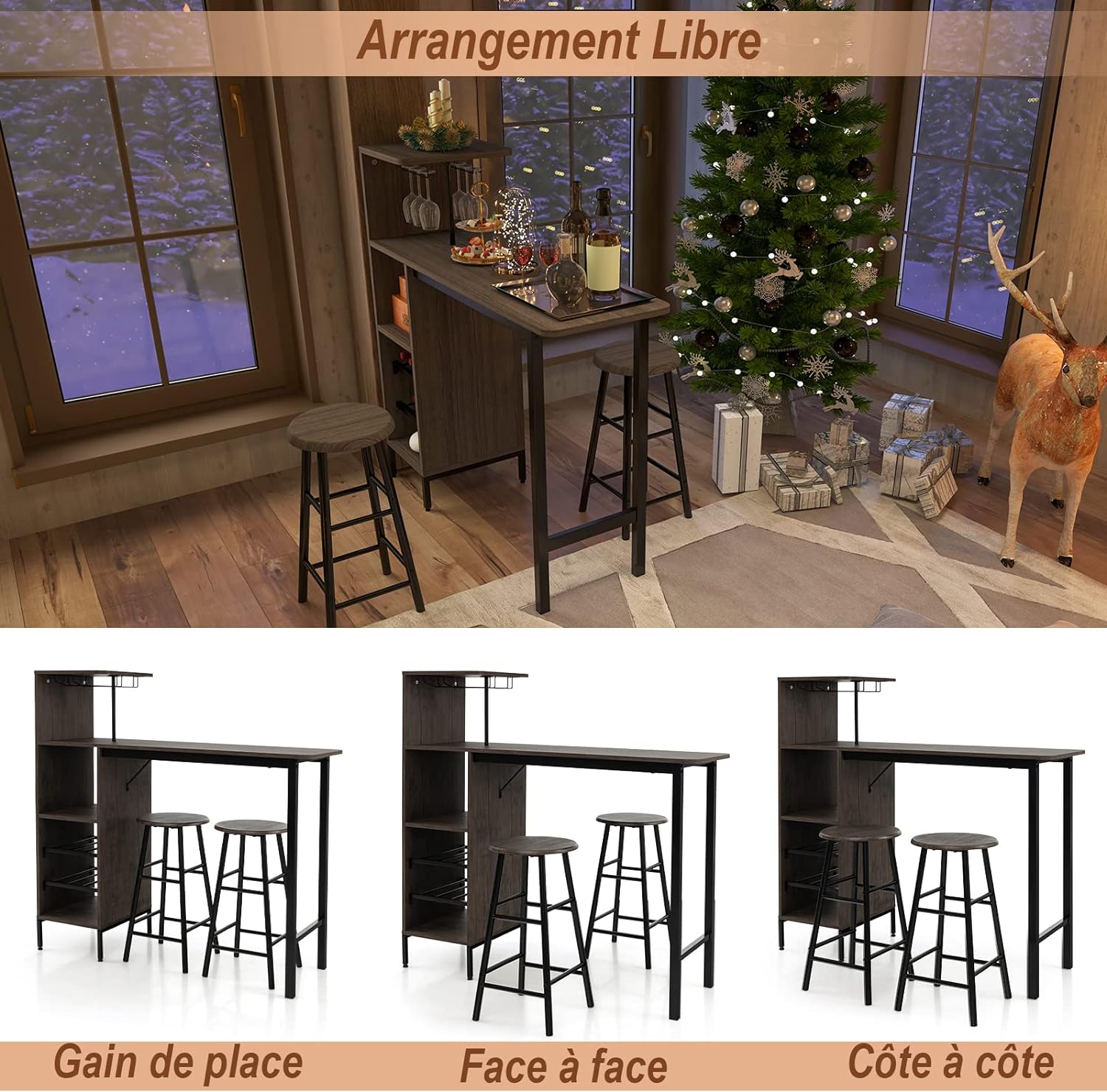 Set 3 Pezzi Tavolo e Sedie da Bar, Tavolo e Sgabelli da Pub Industriale con Porta Calici e 6 Portabottiglie da Vino, Set di Tavolo per Sala da - 4