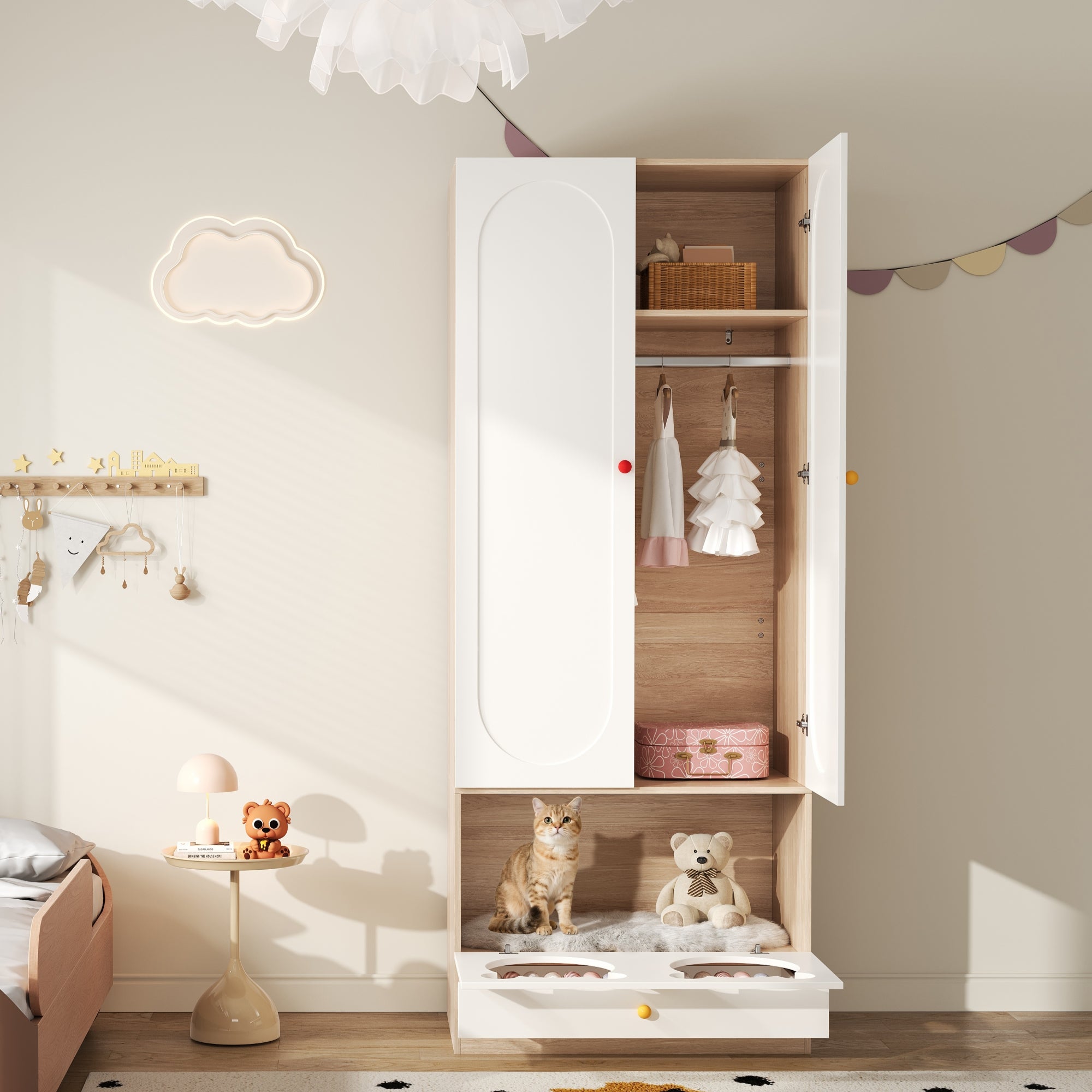 Armadietto Per Bambini 2 Pezzi, 160x50x200 Cm, Con Asta Appendiabiti E Cuccia Per Gatti, Colore Legno Naturale E Bianco