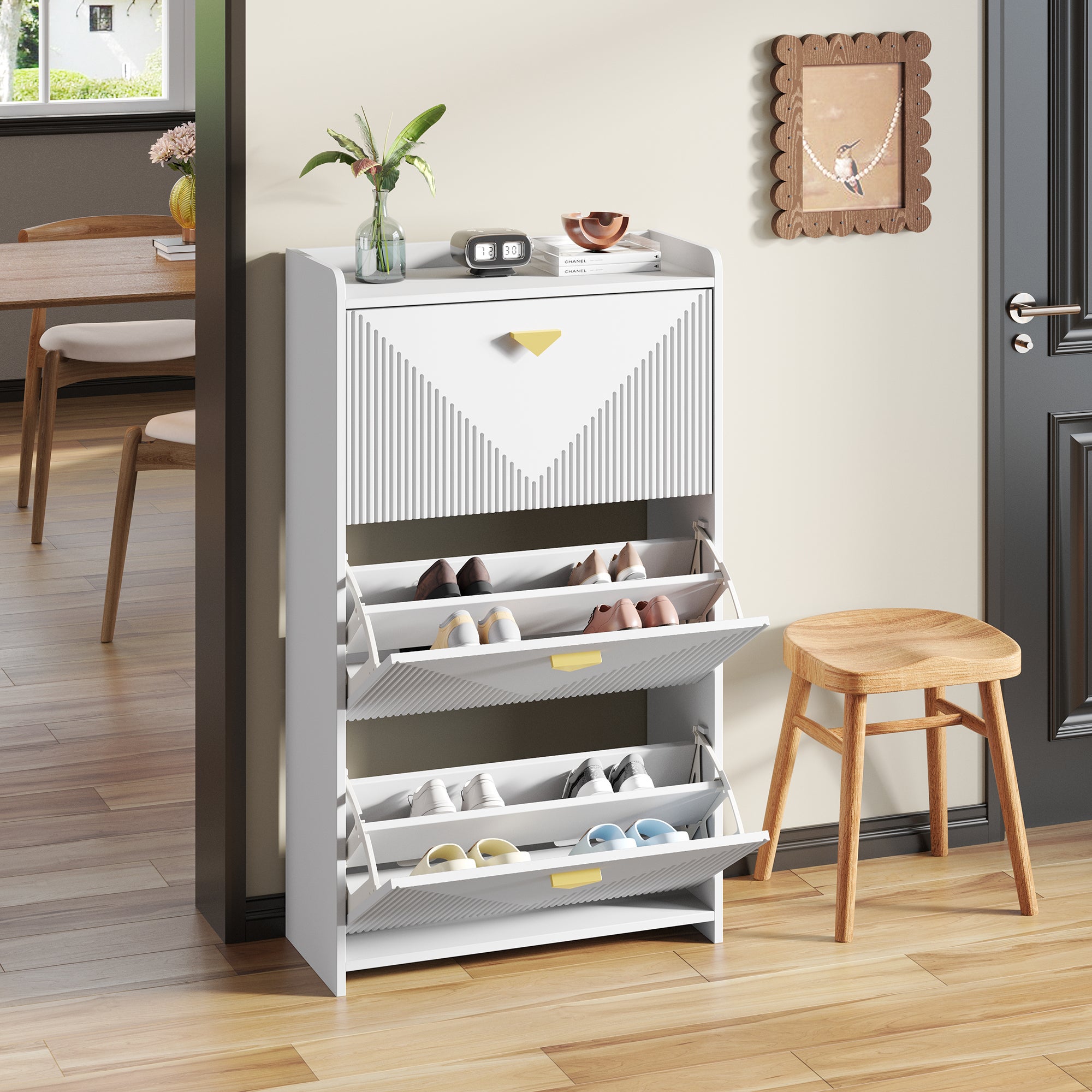Meuble à chaussures avec 3 portes rabattables - 70 x 30 x 120 cm - MDF - Blanc - 3