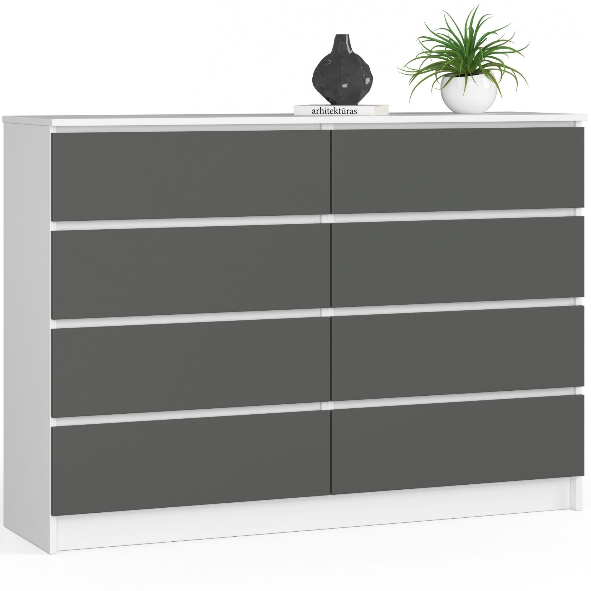 Komoda AKORD K140 Biała 138 cm 8 szuflad kolor Grafit Szary mat 138x40x99 cm