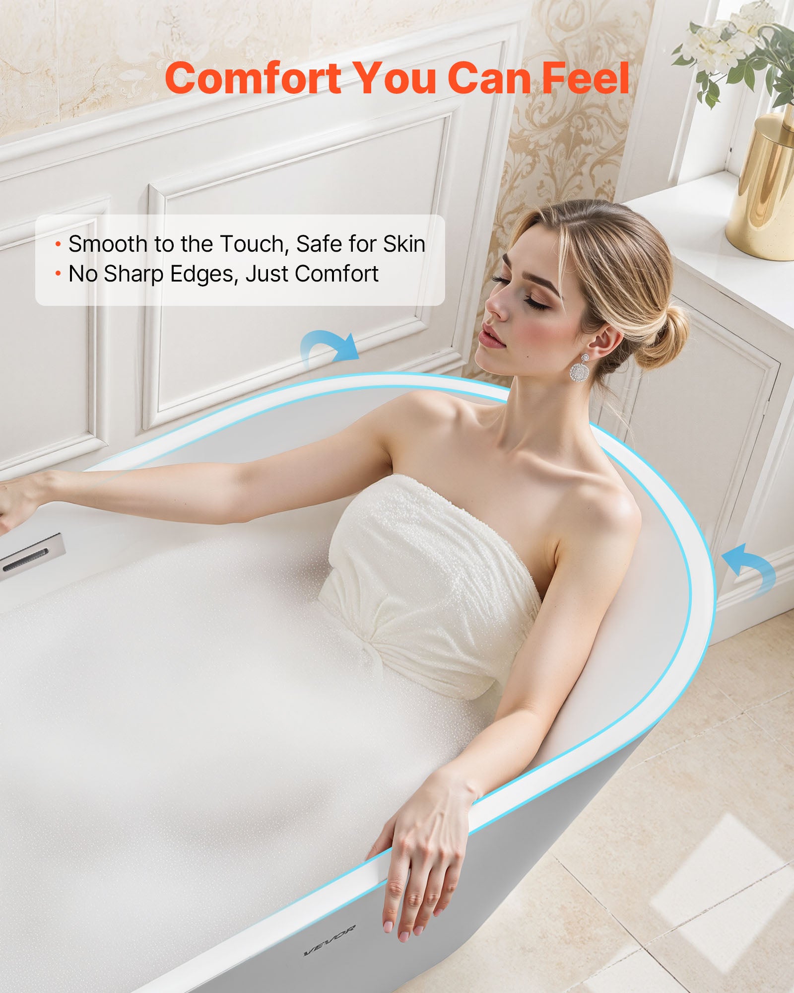Bañera Autoportante VEVOR de Acrílico 150x75 cm, Bañera Isla Moderna 230 L con Rebosadero y Desagüe Níquel Cepillado, para Baño Relajante, Blanca - 6