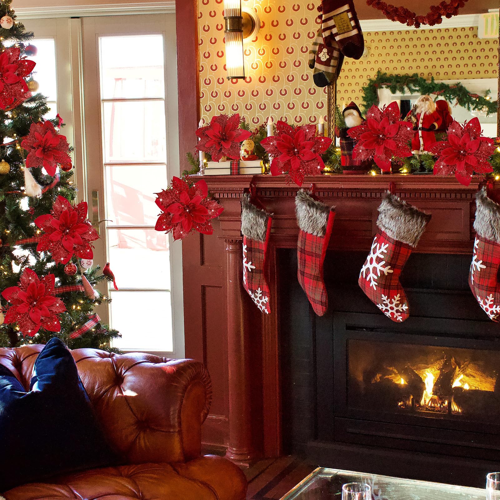 50 pièces décorations de noël, fleurs de noël artificielles avec clips, guirlande d'arbre de noël scintillante pendentifs de fleurs artificielles - 3