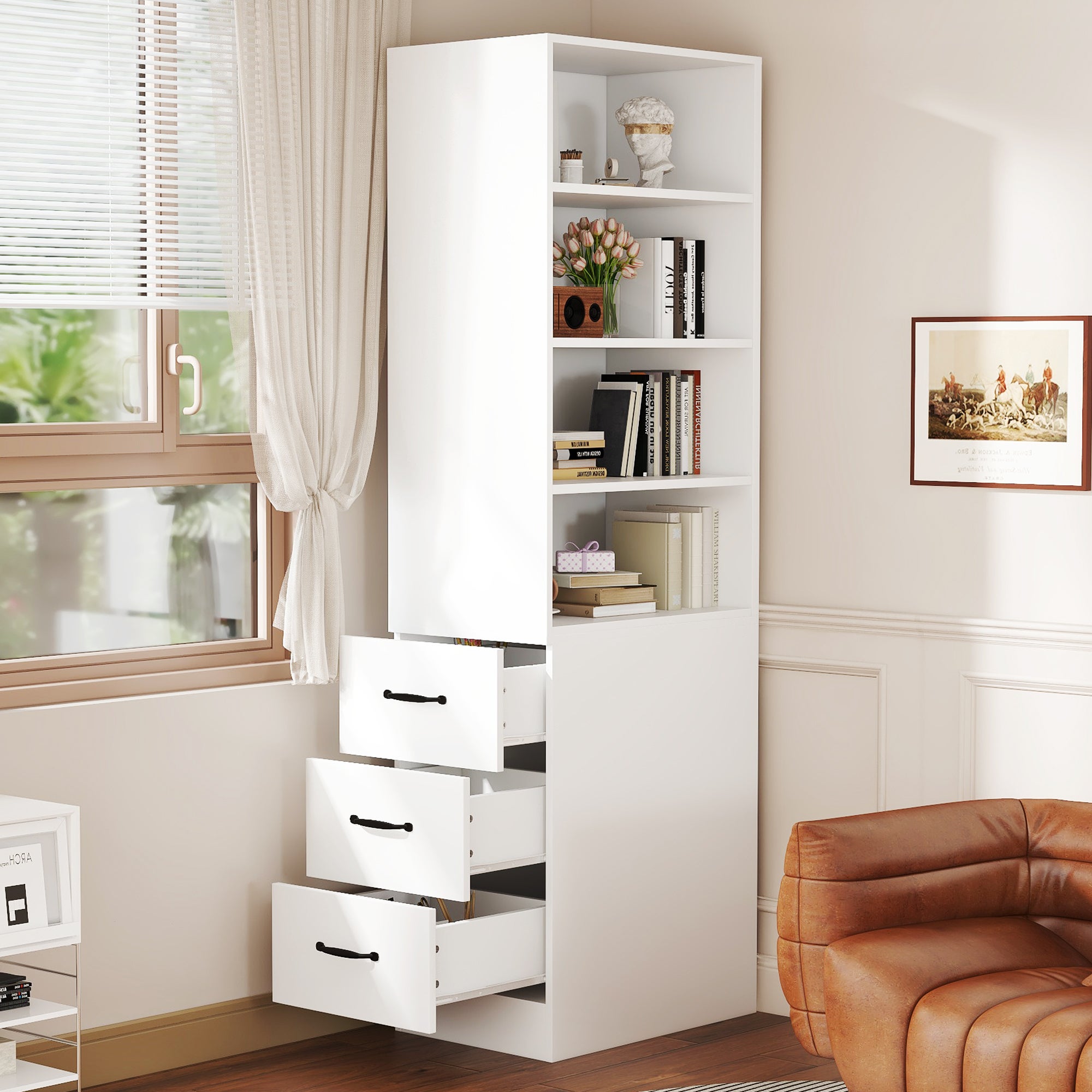 Estante extra estreita com 3 gavetas e 4 prateleiras ajustáveis - 60 x 38 x 180 cm - Aglomerado - Branco - 3