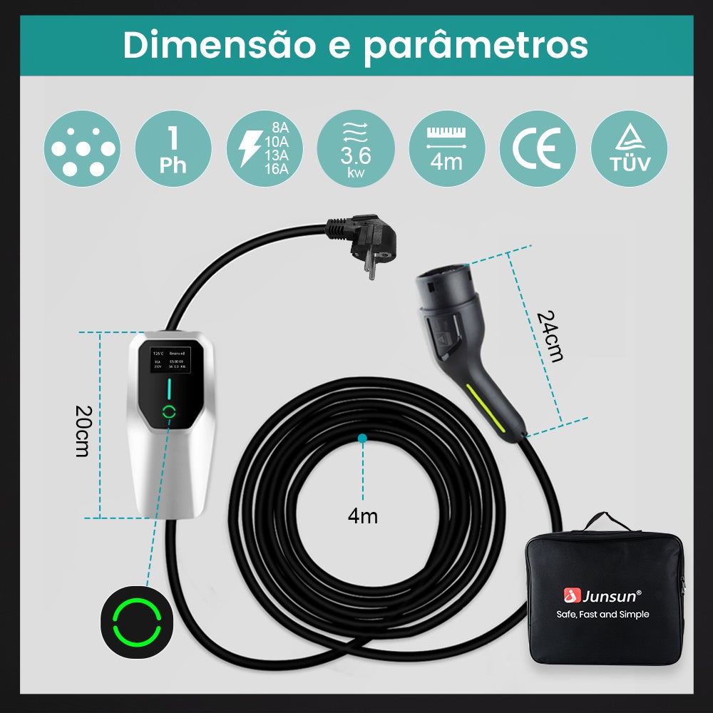 HEXINEX Carregador Portátil para Carros Elétricos 3.68 kW 16A Monofásico Type 2 - Cabo 4m com Tomada Schuko, IEC62196 e IP67 - 7