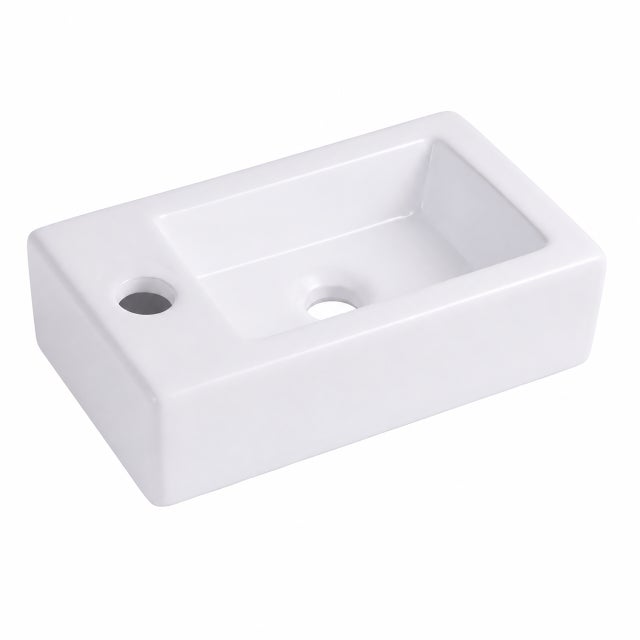 Lavabo suspendu 37 x 18 x 10 cm en céramique blanche, avec trou de robinetterie à droite, sans trop-plein, effet lotus, Relaxdays