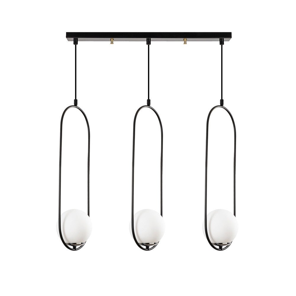 Regleta de techo garet 3 luces con estructuras ovaladas negras y esferas de cristal en el interior
