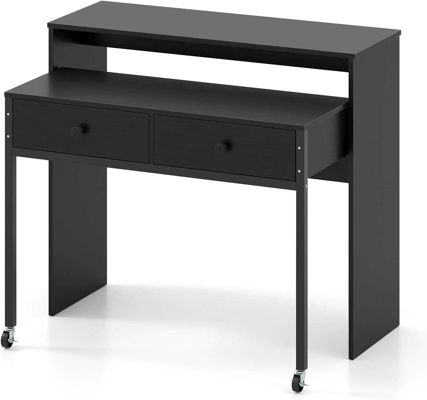 Biurko Komputerowe z Wysuwanym Blatem, 100 x 63 x 88 cm, 2 Szuflady do Przechowywania i Otwarta Półka, Kompaktowa Konstrukcja na Kółkach (Czarne)