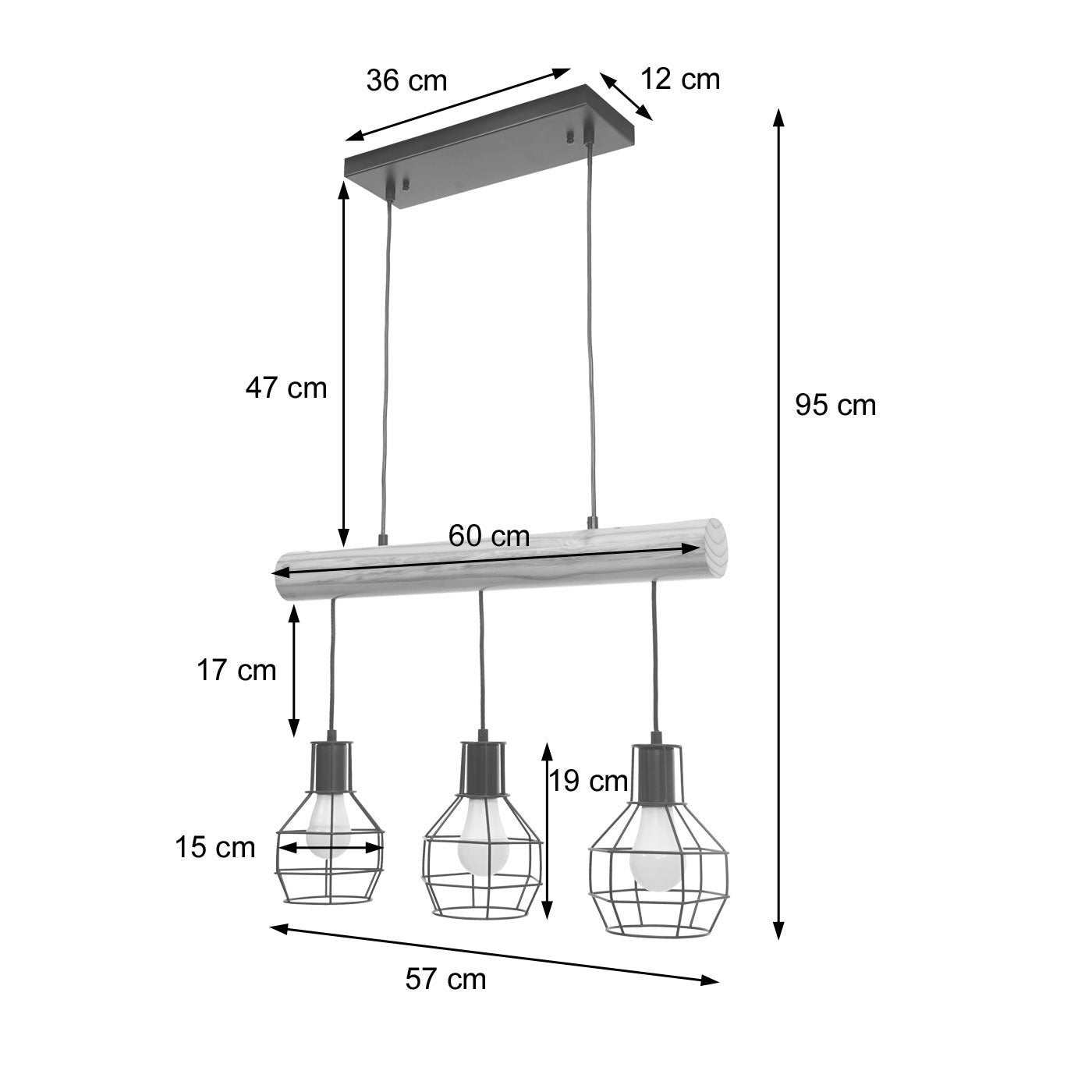 Lampe suspension lustre style industriel vintage bois massif métal noir 3 abat-jour en treillis 04_0003603 - 6