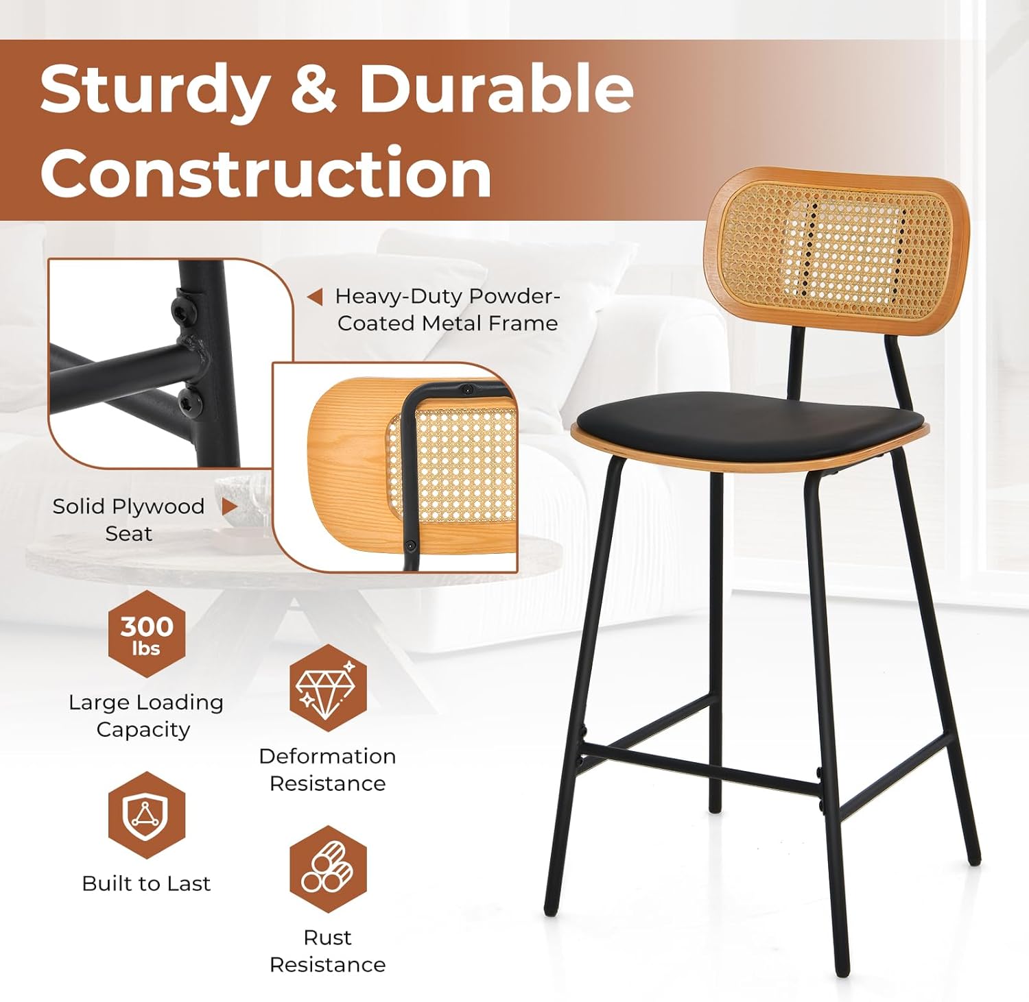 Zestaw 2 Stołków Barowych z Oparciem z Rattanu, Metalowymi Nogami, Krzesłami do Jadalni z Wygiętym Siedziskiem z Tapicerką i 3-Stronnym Podnóżkiem - 7