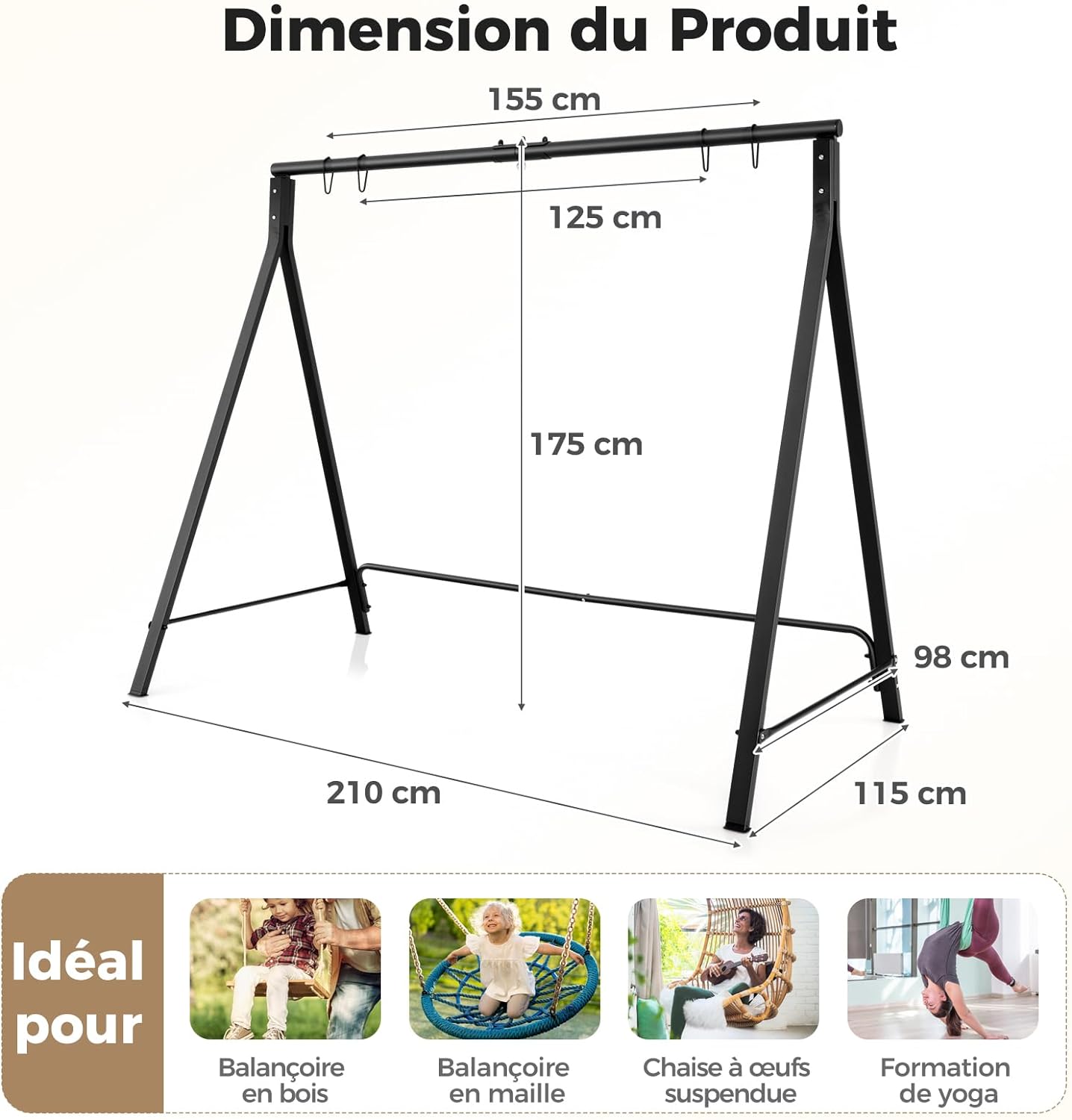 Portique Balançoire Extérieur,Support Balançoire Porche en Métal, Cadre de Balançoire,Capacité 160 kg /120 kg (210x110x175CM,Noir) - 2