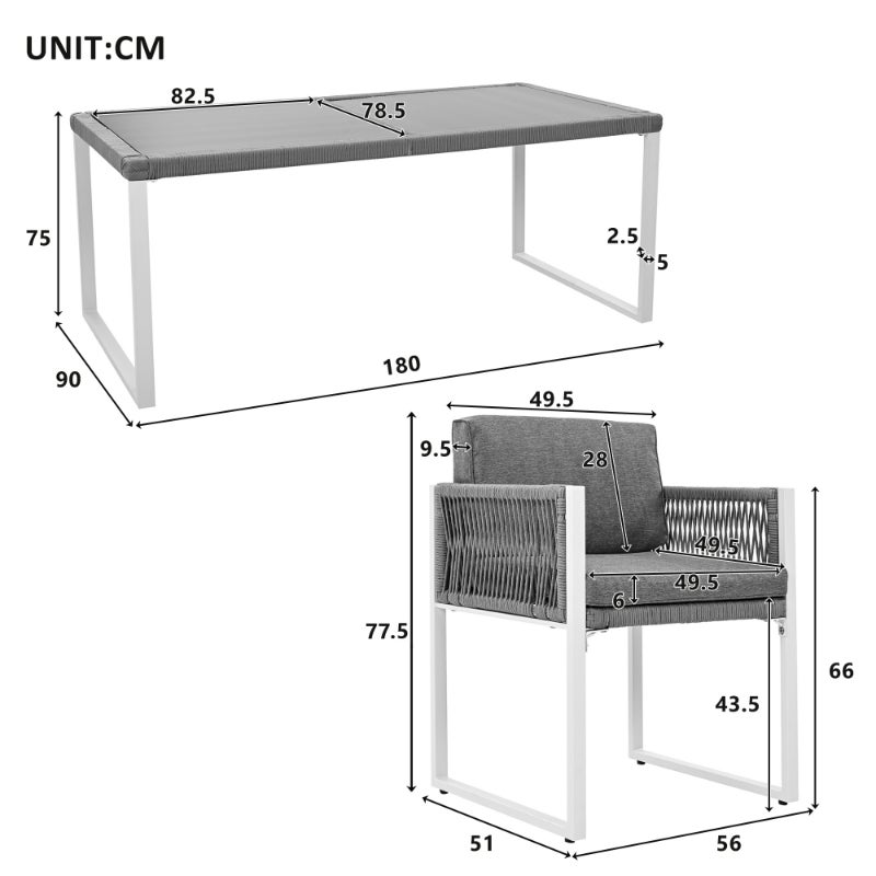 Juego de comedor de exterior para 6 personas, mesa con cristal templado, sillas de cuerda con cojín extraíble y lavable - 7