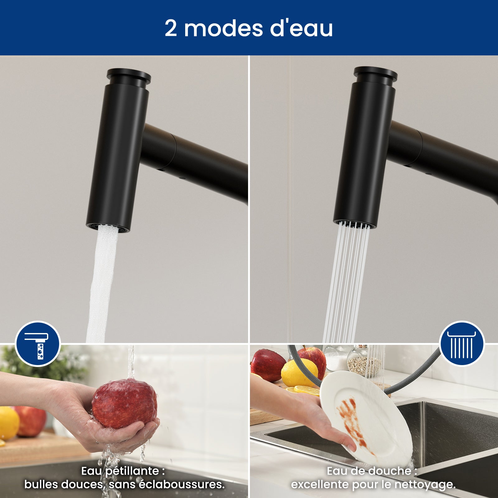 AuraLum Max Évier Cuisine en Granit 55*45*20cm,Kit de Vidage, Evier 1 Bac Noir+Robinet de Cuisine avec Douchette Extractible 2 Fonct - 6