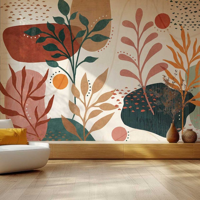 Papier peint végétal bohème terracotta et vert graphique - 364x270cm