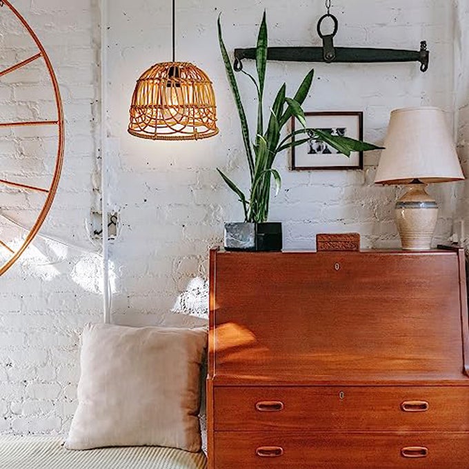 Lampadario in rattan - lampadario da esterno bohémien portatile, attacco E27, lampadario in rattan intrecciato artigianale, con telecomando - 4