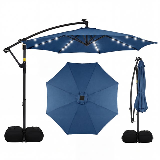 Parasol Déporté 3 x 3M, Parasol de Jardin Extérieur avec Lumière Solaire, Rotation 360°, 8 Baleines en Métal, Toit de Ventilation, 2 Sacs, Bleu