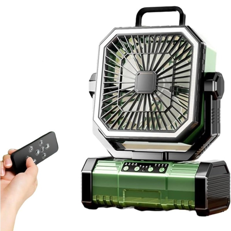 Przenośny wentylator kempingowy z pilotem, oświetleniem i hakiem do namiotu, akumulatorem, 4 prędkościami i timerem (zielony)