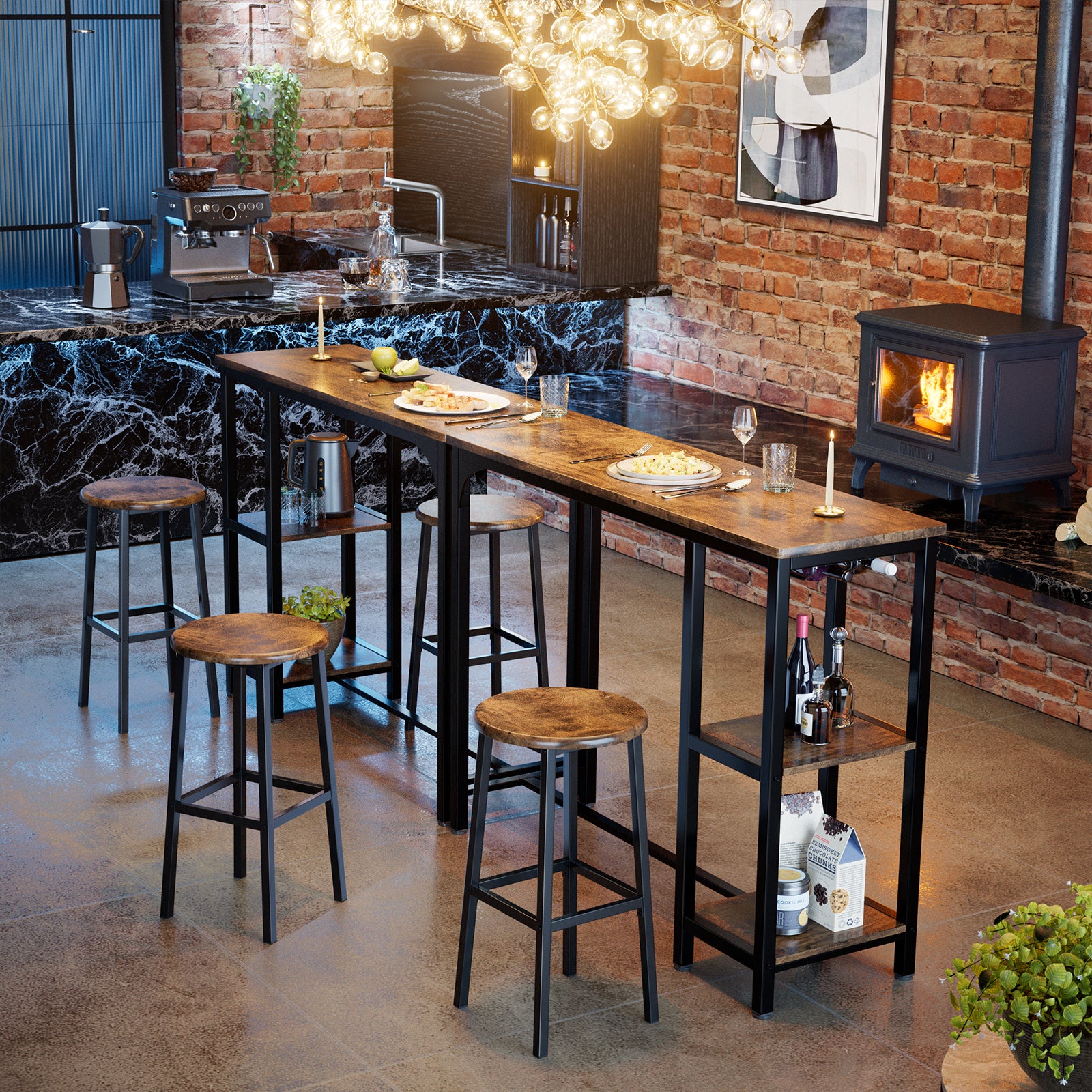 Table Haute Mange Debout 2 Tabouret Table De Meubles De Salle à Manger Cadre En Acier Marron Bealife - 6