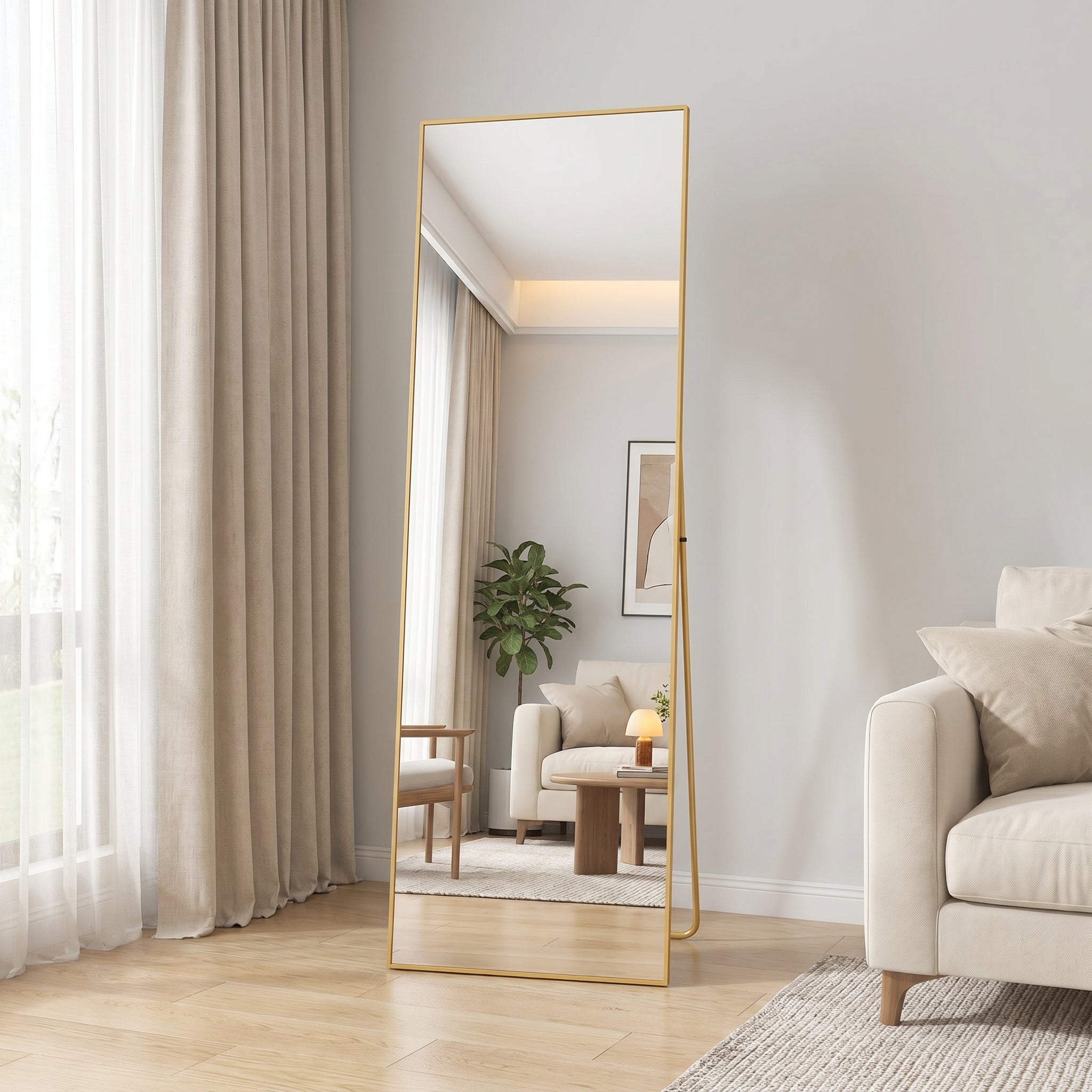 Miroir sur pied - Miroir chambre - Miroir rectangulaire - 162x53 cm - Verre trempé - Cadre en alliage d'aluminium - Doré - 2