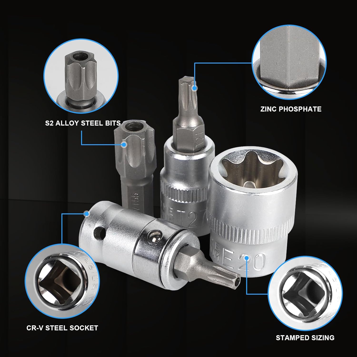 34 Pièces Coffret Douilles Torx Femelle, Torx Intérieur et Extérieur E4-E20 3/8'', T10-T60 3/8'', Torx Bit T10-T55 5/16'' - 3