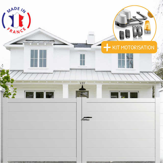 Portail aluminium battant plein en kit + Motorisation dimensions L.3000 (entre piliers) X H.1700 mm LOCKYVIA (à bras) Couleurs Blanc (RAL 9010)