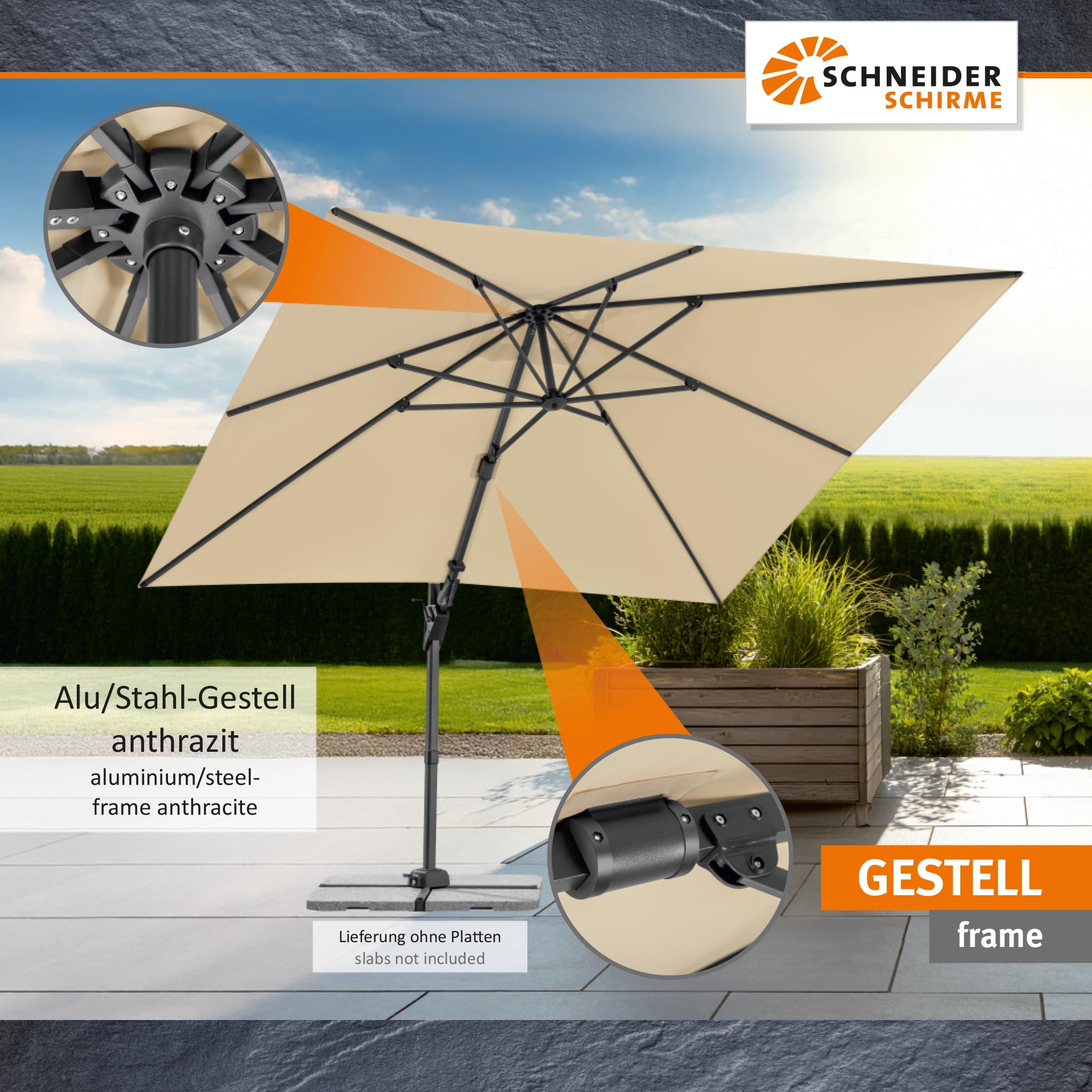 Parasol déporté Schneider Vivasol naturel, 300 x 300 cm – rotatif 360°, inclinable, avec housse et support pour dalles - 6