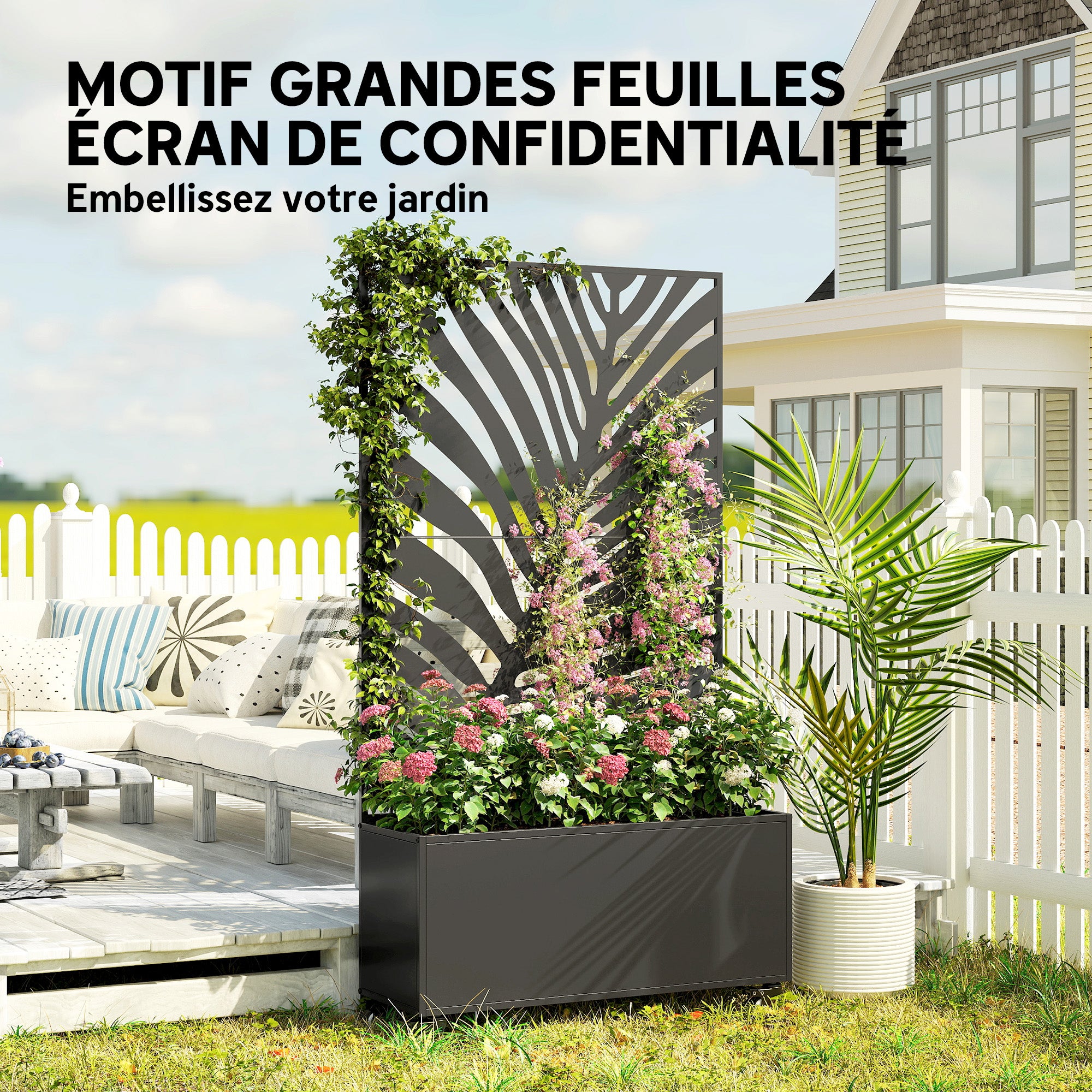 Jardinière avec treillis - Outsunny - avec brise-vue et roulettes verrouillables - pour plantes grimpantes - 90 x 30 x 160 cm, noir - 5